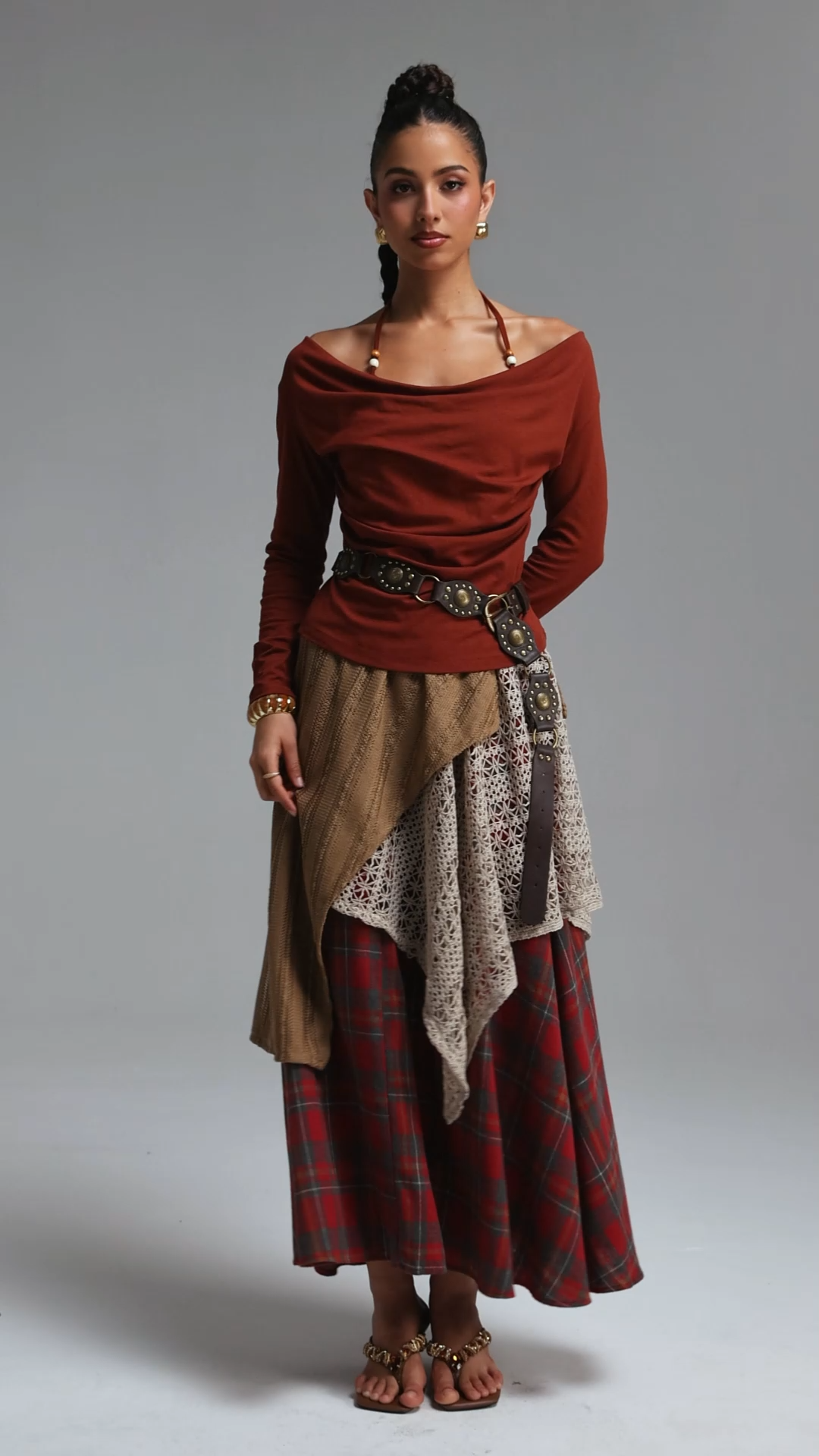 Saoirse Chic Cinched Plaid Knit Long Sleeve Lace Trimmed Top and Skirt Two Piece Set