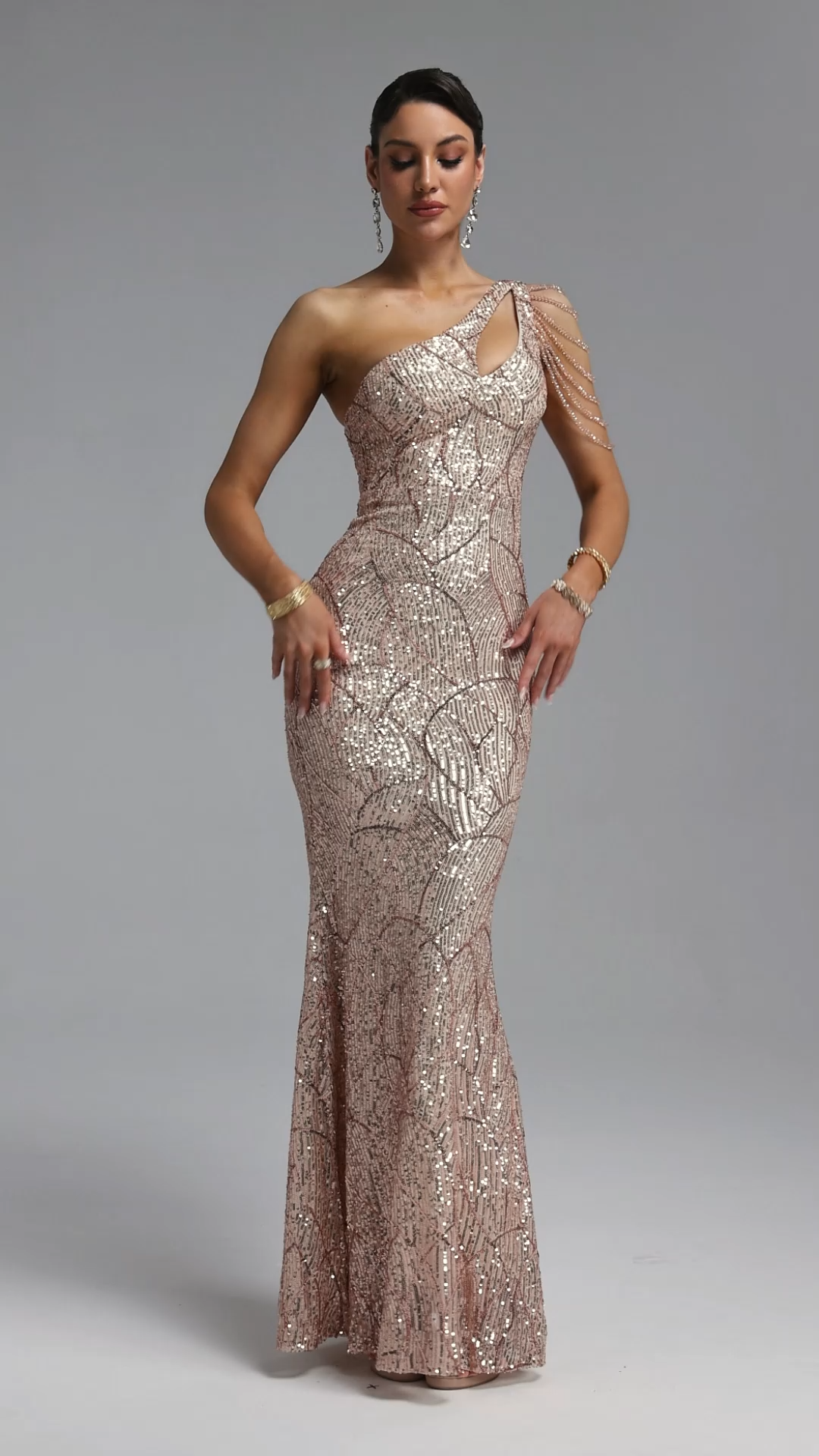 Gamora One Shoulder Sequin Beige Maxi Dress