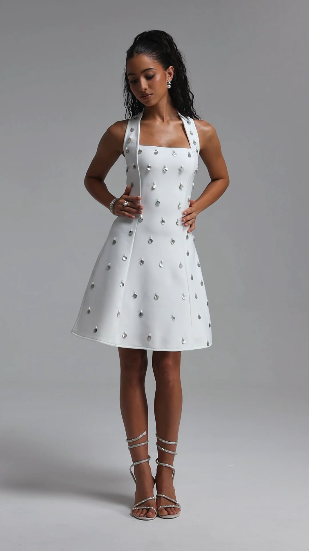 Dotte Exquisite Cinched Waist Halter Shell A Line White Bandage Mini Dress