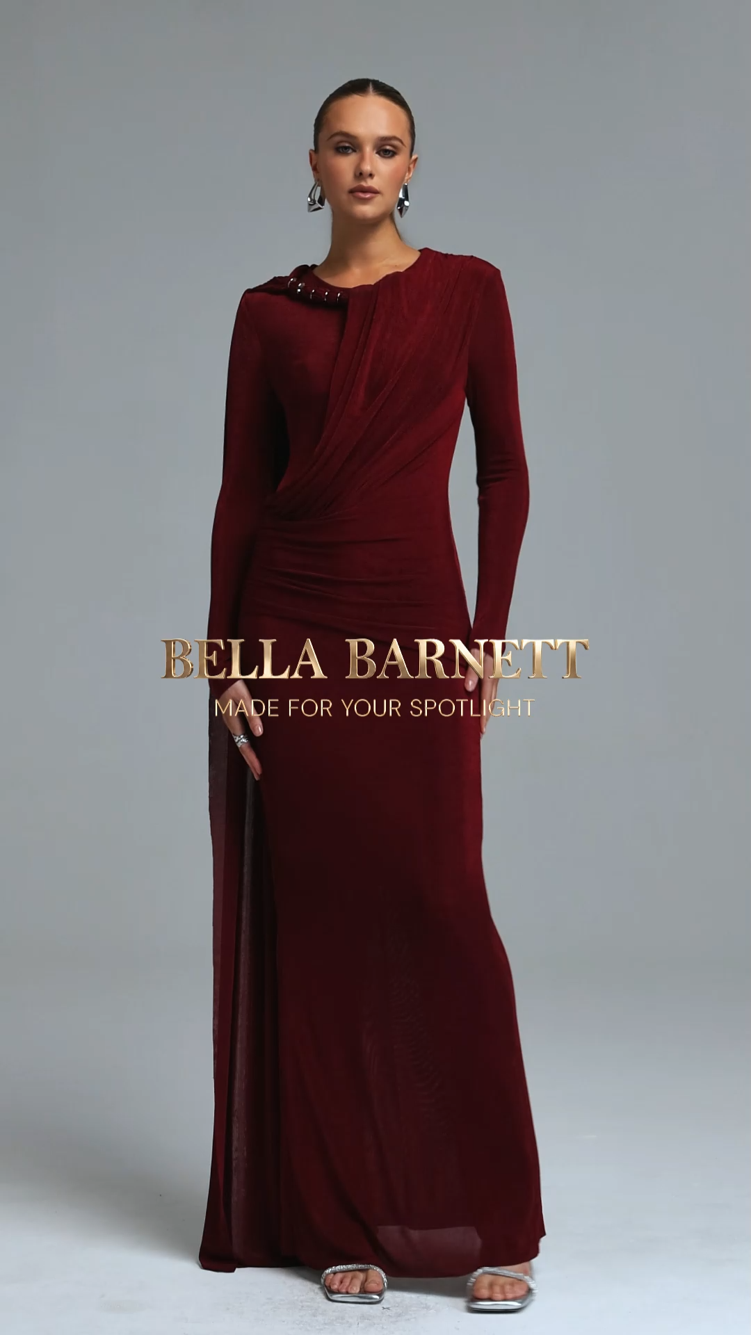 Ninon Elegant Cinched Waist Long Sleeve Ruched Sash Metal Decor Knit Maxi Dress