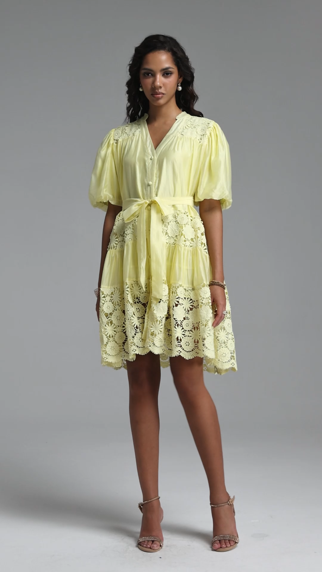 Robina Bohemian Flowy Puff Sleeve Floral Lace Trimmed Woven Mini Dress