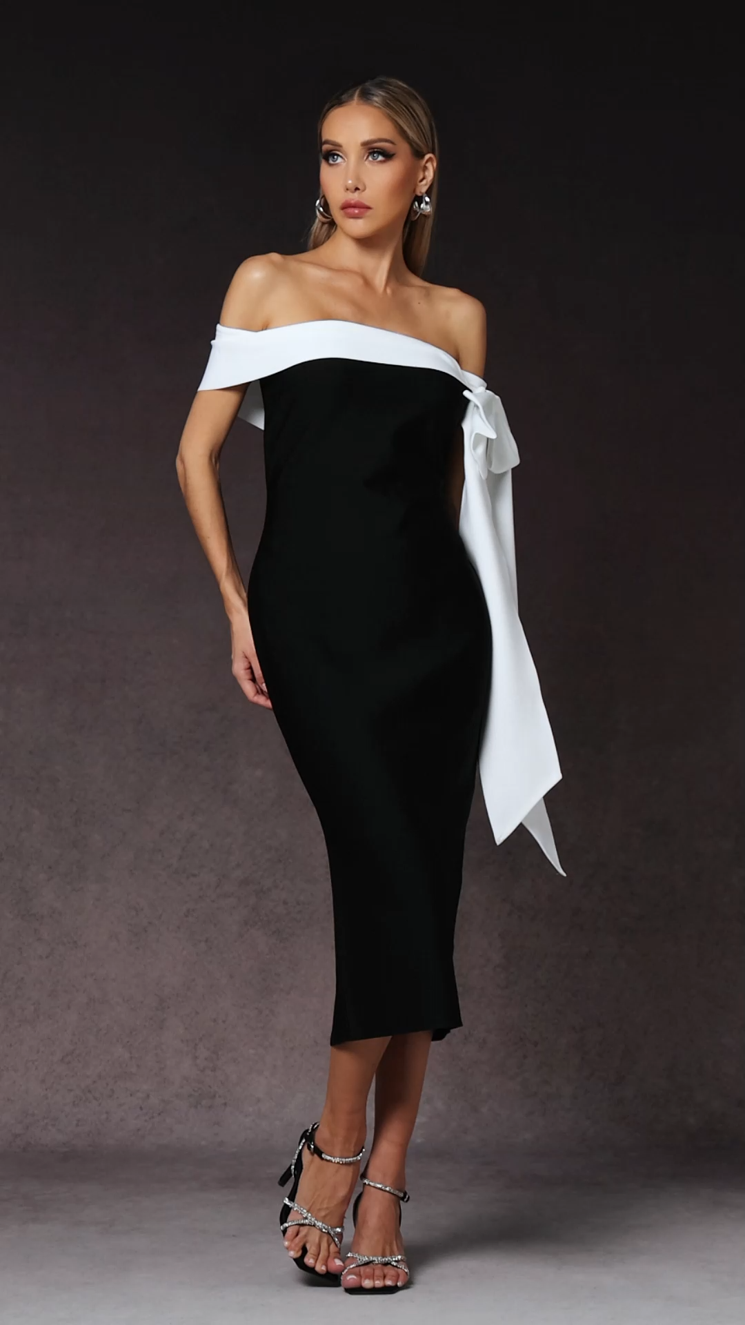 Ophelia Sleeveless Off The Shoulder Bow Bandage Midi Dress