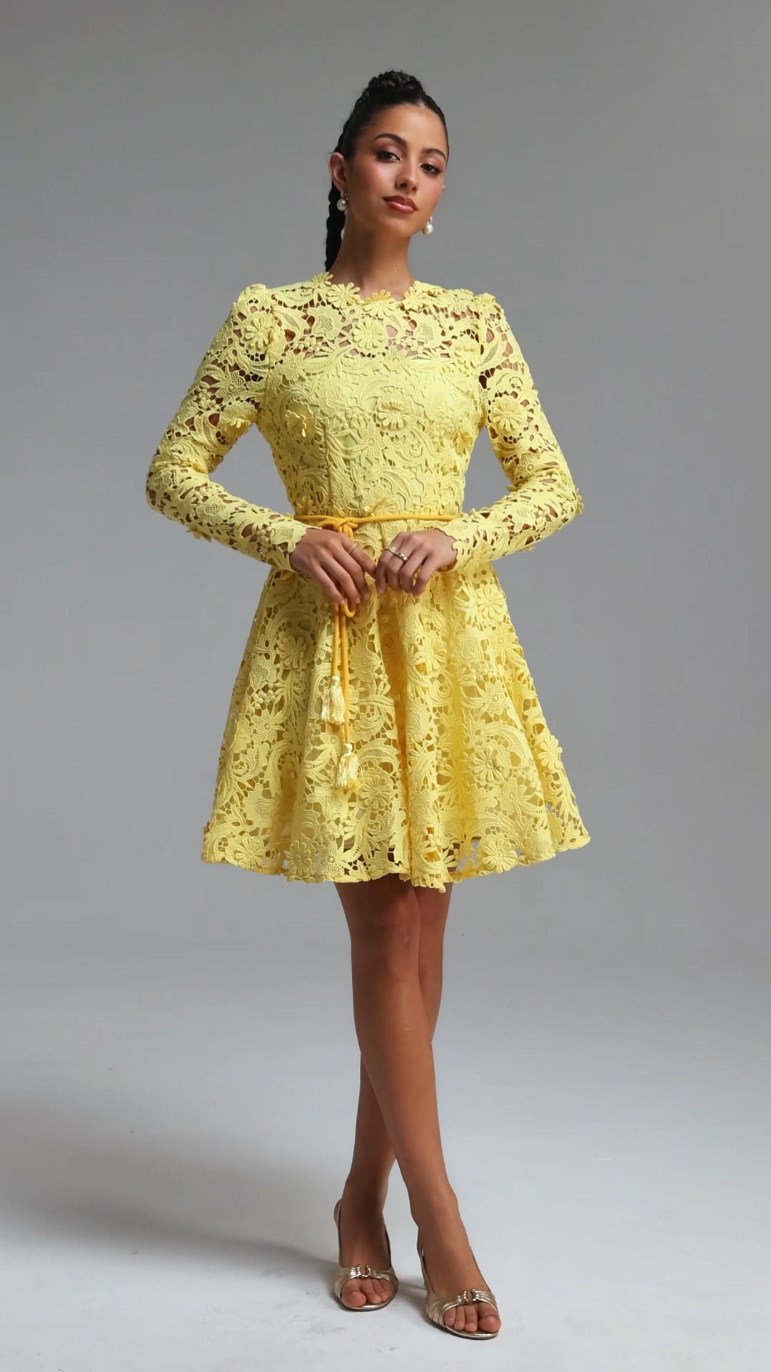 Emmeline Romantic Tailored Long Sleeve Floral Lace Mini Dress