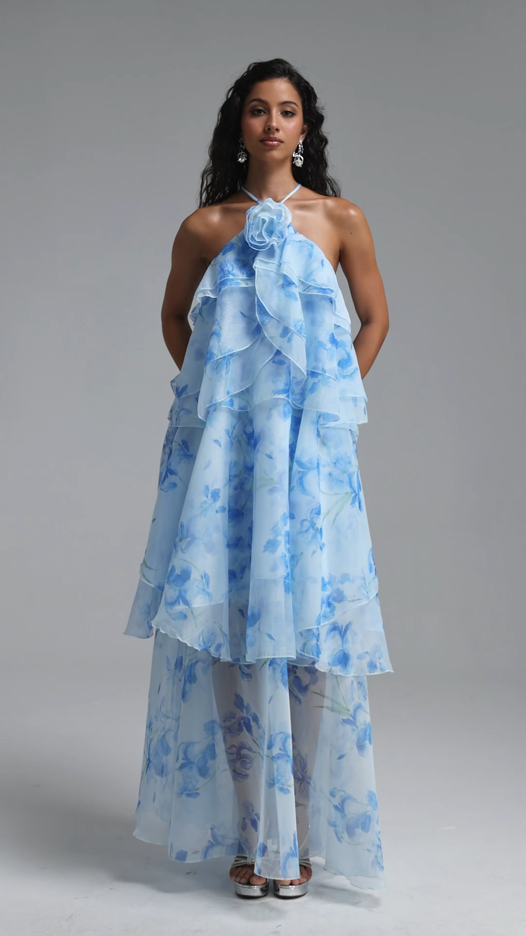 Sapphire Resort Flowy Sleeveless Floral Print Woven Blue Maxi Dress