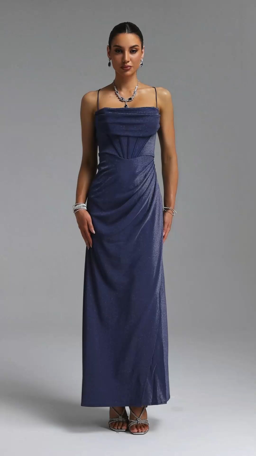 Piaka Elegant Waist-Cinching Thin Strap Gathered Strapless Boned Fitted Side Twisted Shimmer Mermaid Maxi Evening Dress