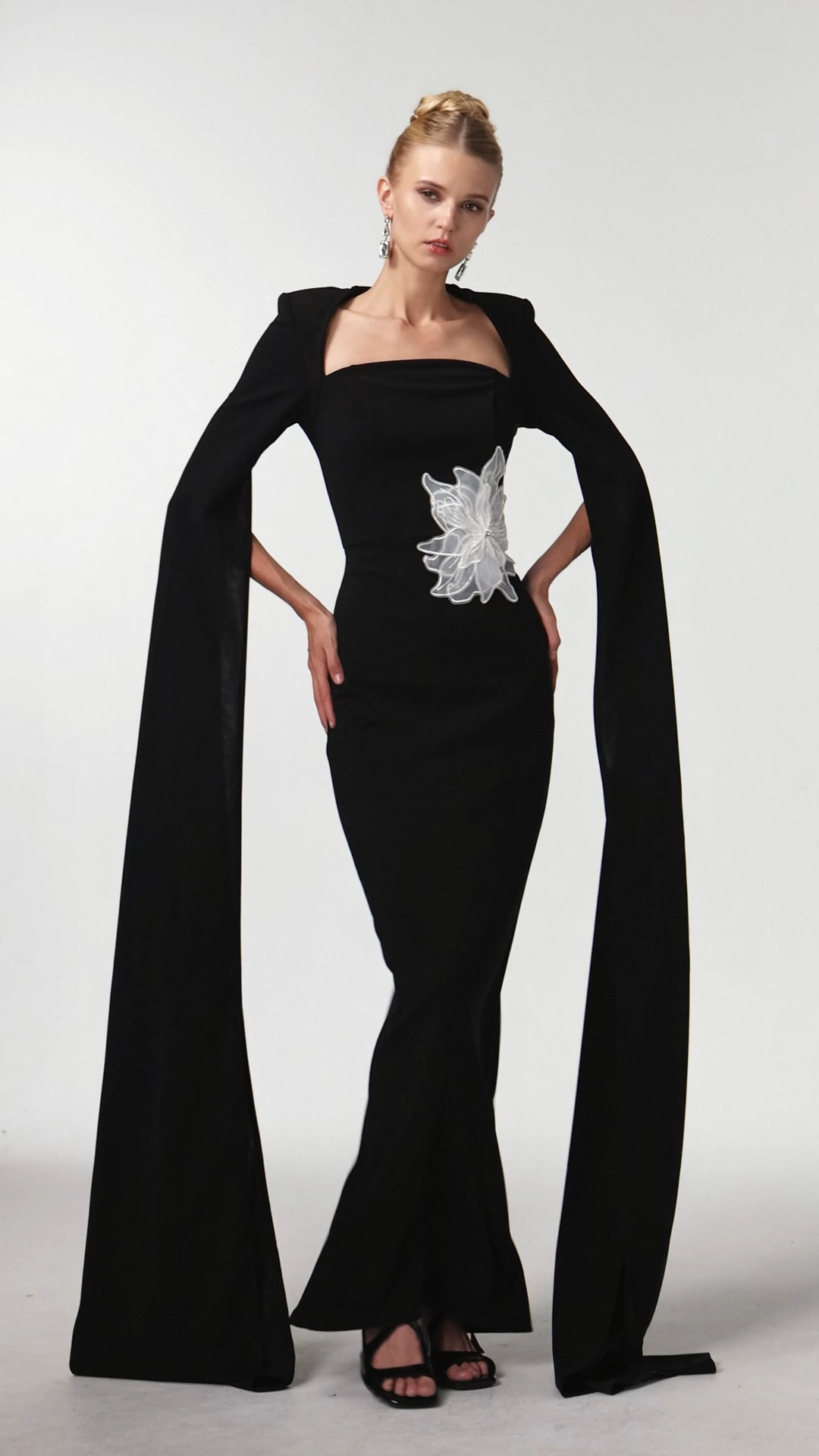 Pallas Elegant Tailored Cape Sleeve Floral Woven Maxi Dress