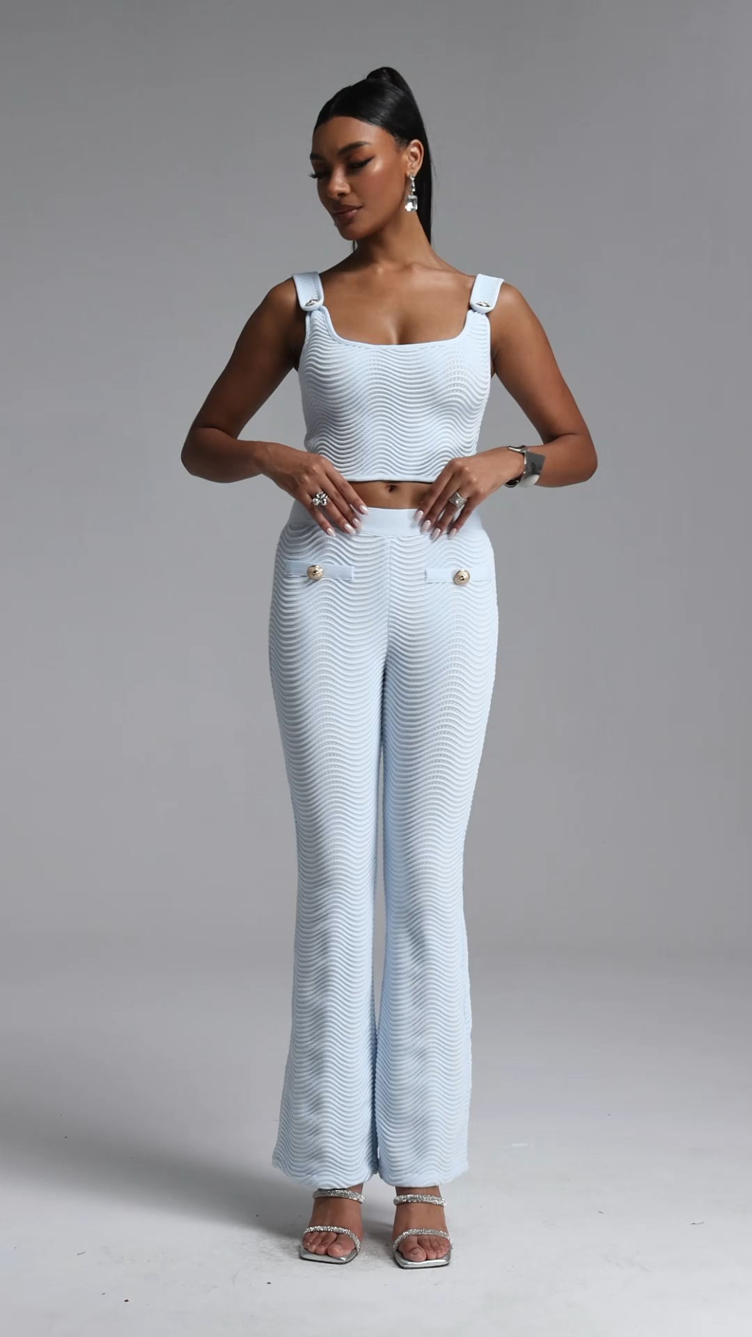 Vivienne Chic Straight-shoulder effect Sleeveless Square Neck Wavy Knit Blue Top and Pant Set