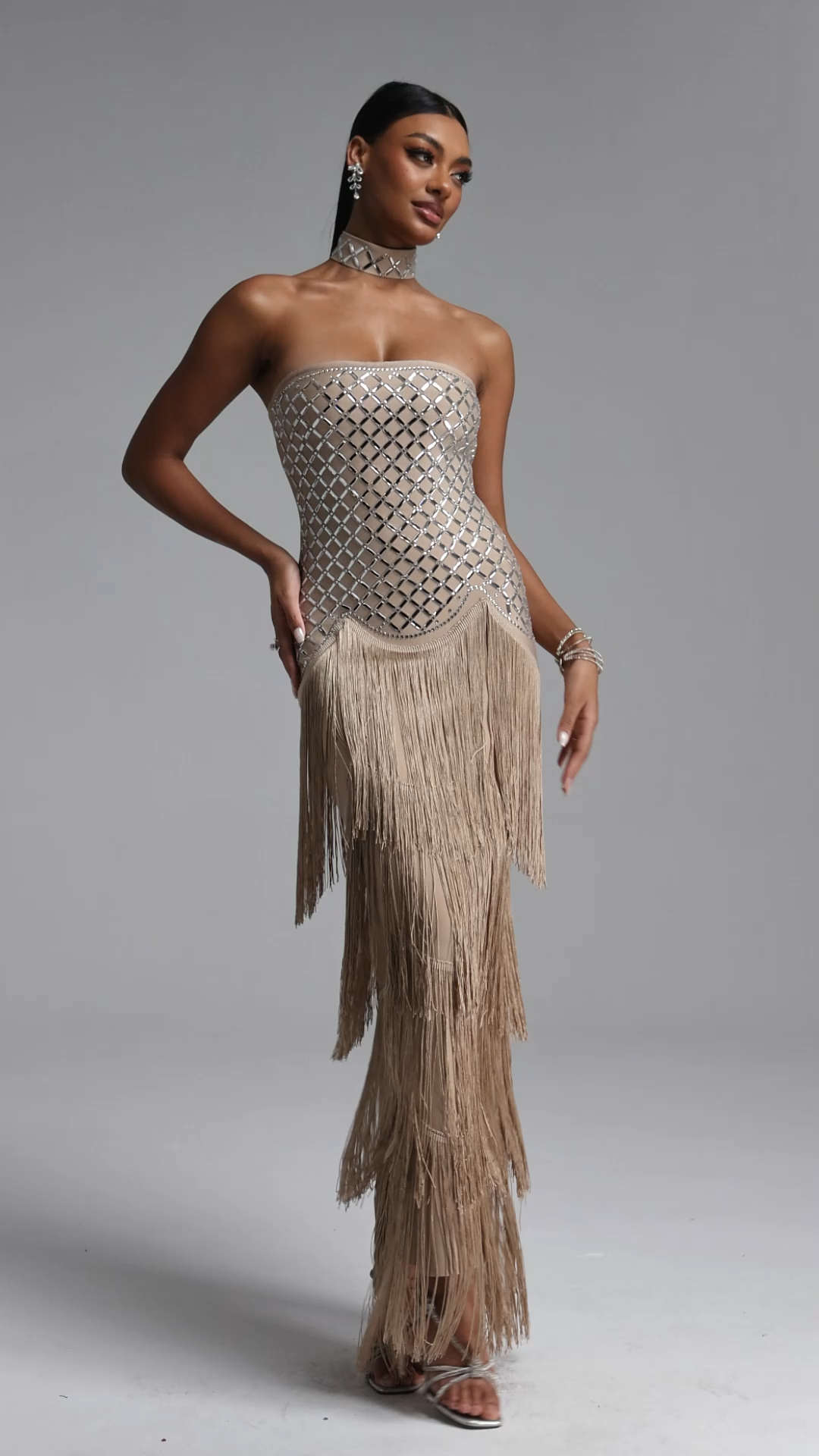 Nikki Elegant Contour Strapless Rhinestone Fringe Midi Dress