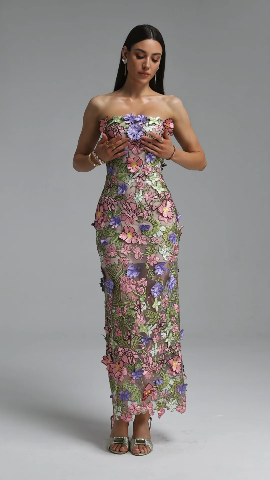 Julissa Elegant Strapless Floral Embroidery Maxi Dress
