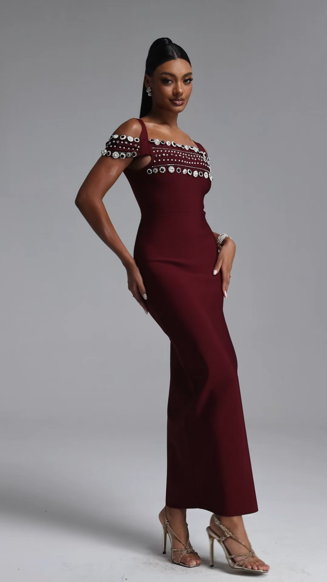 Finch Elegant Contour Off Shoulder Rhinestone Trim High Slit Bandage Maxi Dress