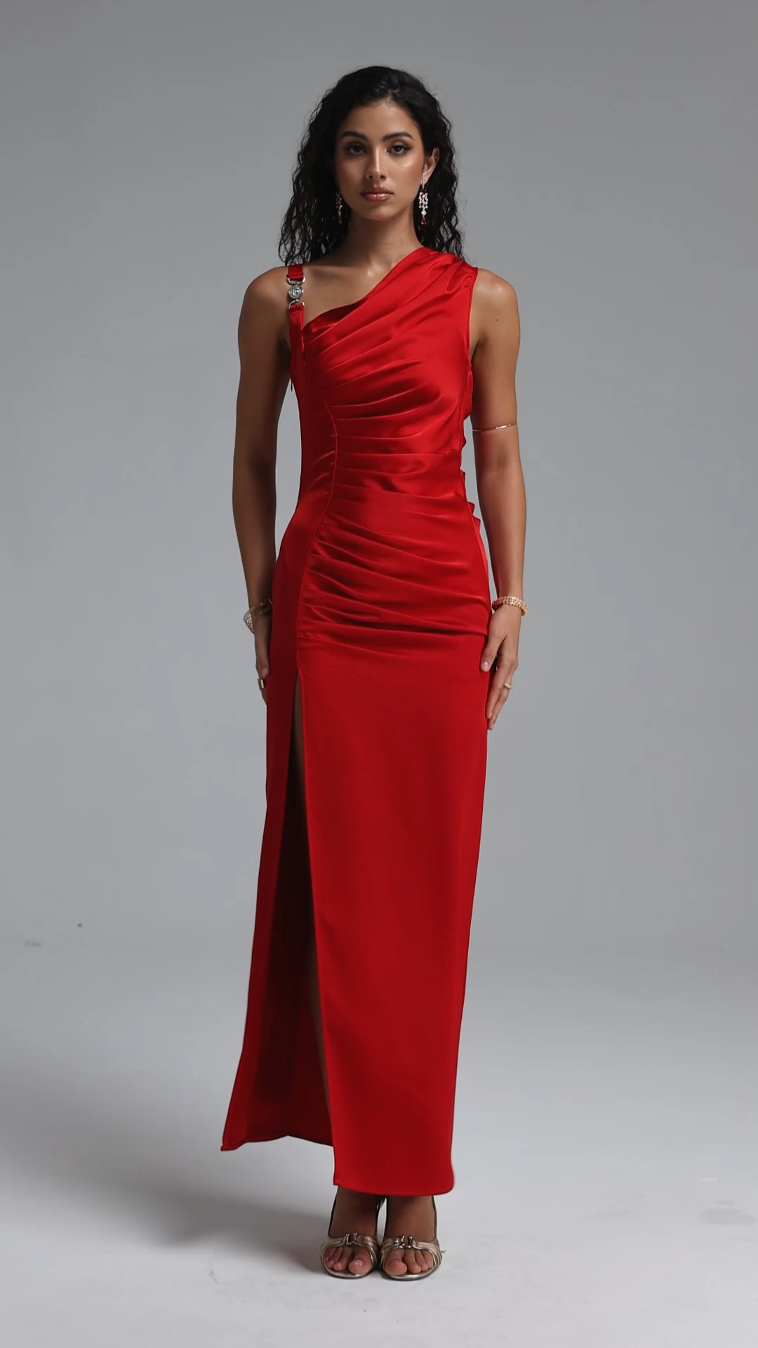 Marcella Chic Contour Asymmetrical Pleated Satin Red Maxi Dress