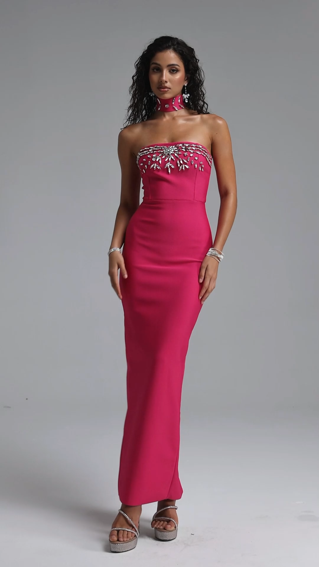 Emilee Luxury Contour Choker Rhinestone Bandage Maxi Dress