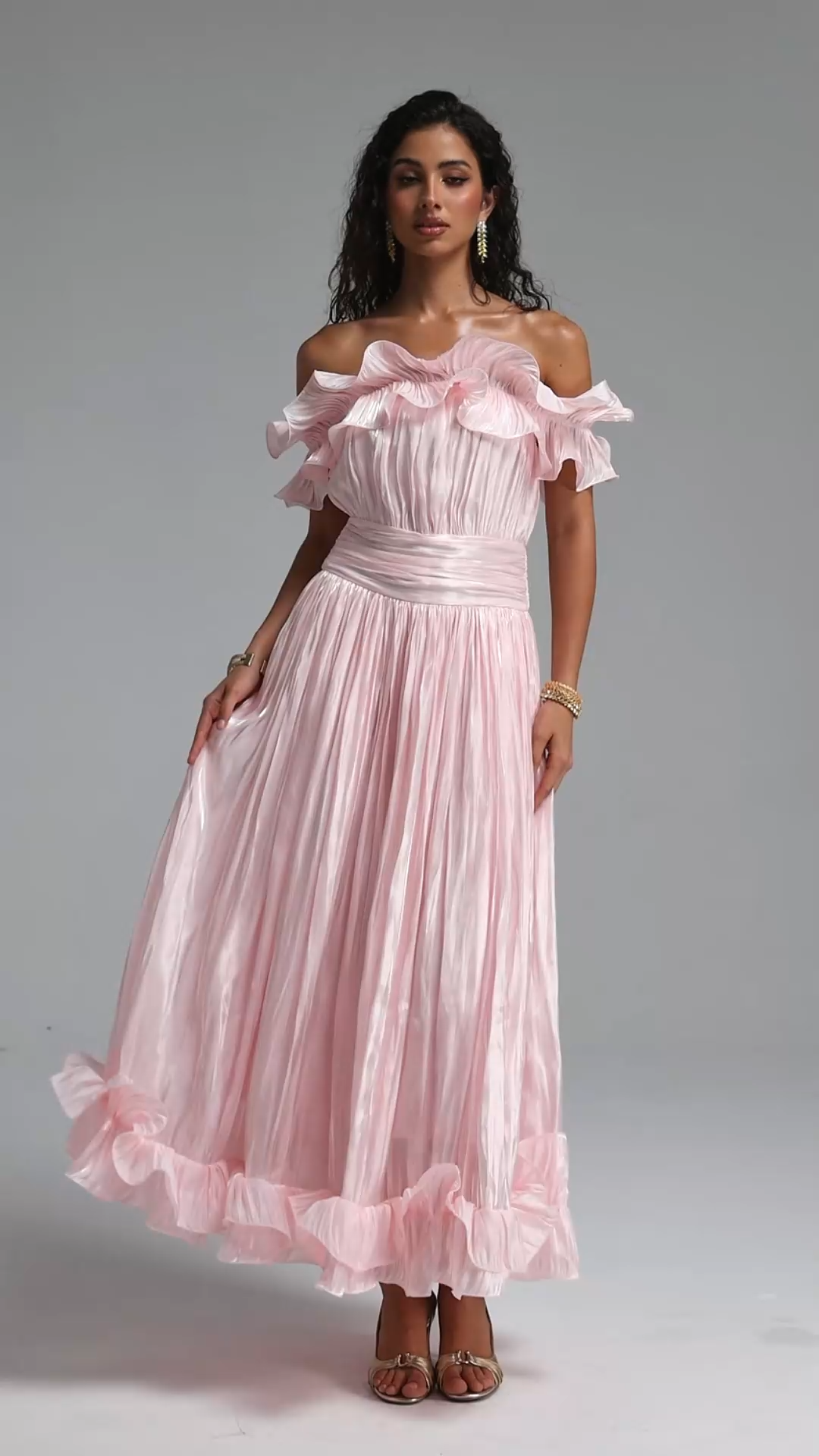 Suku Elegant Flowy Off Shoulder Ruched Pink Maxi Dress