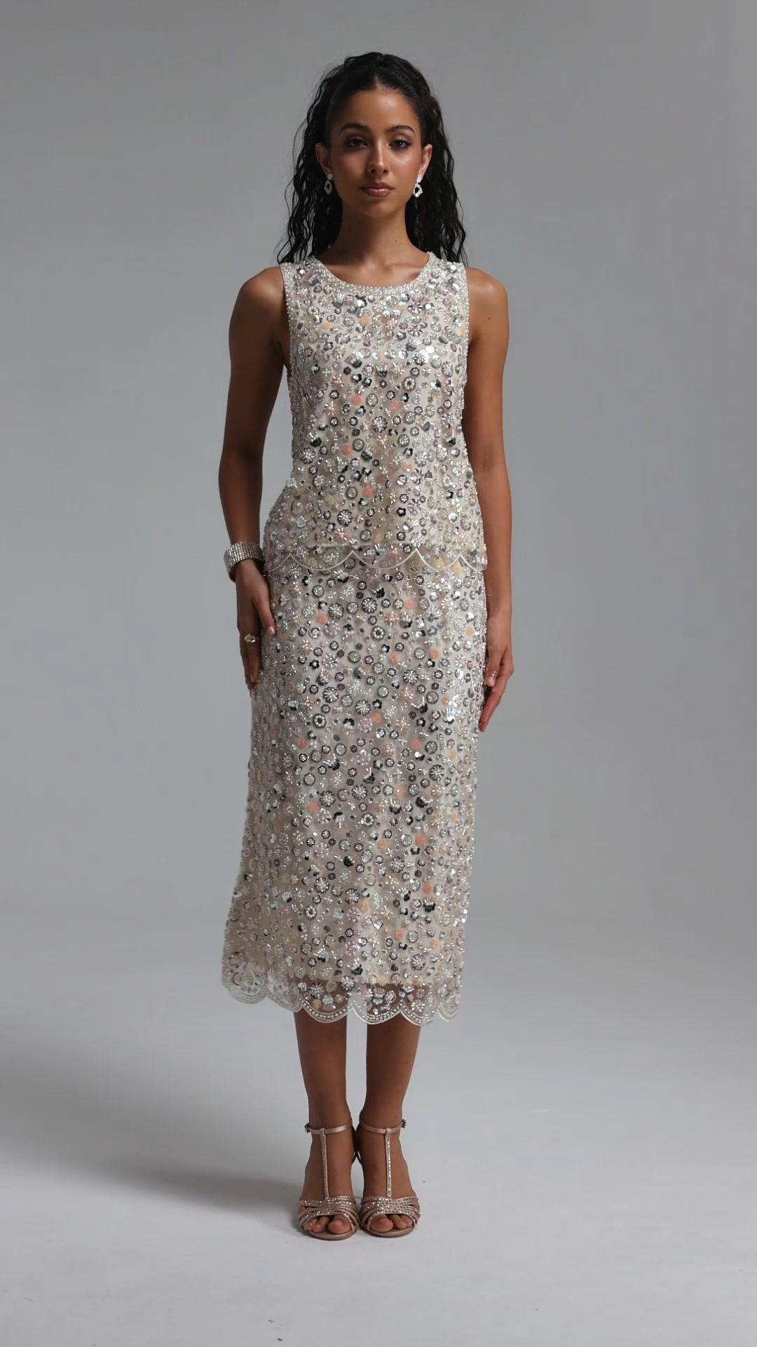 Peyton Sophisticated Youthful Pearl Sequin Floral Top Or Midi Skirt