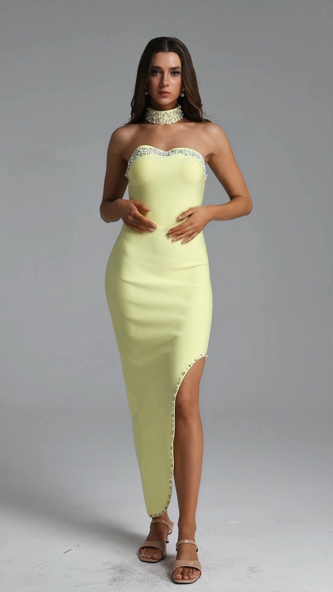 TriasaGlamorous Contour Strapless Rhinestone Bandage Maxi Dress