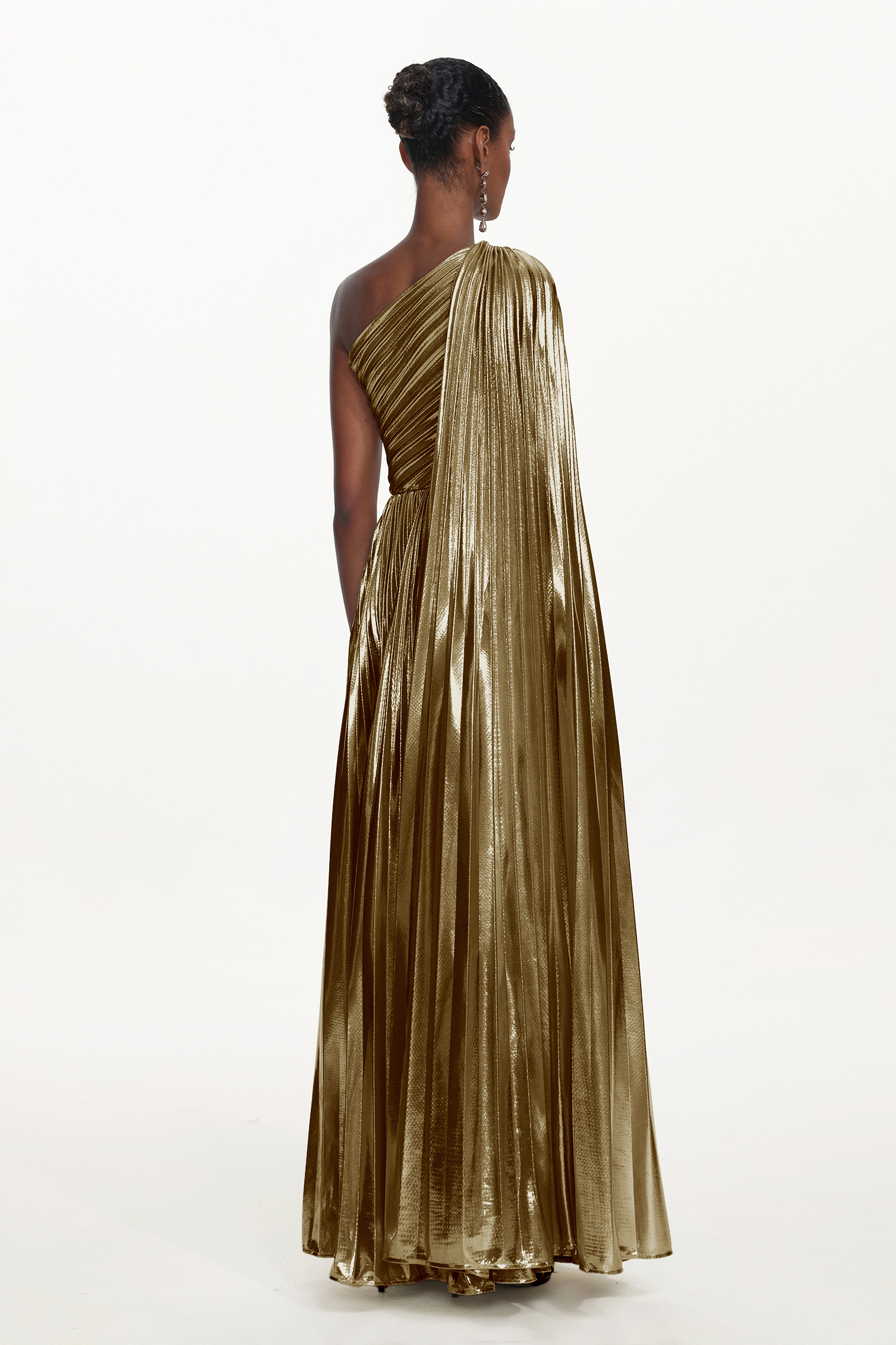 Leyla Glamorous Contour One Shoulder Drape Pleated Metallic Gold Maxi Dress