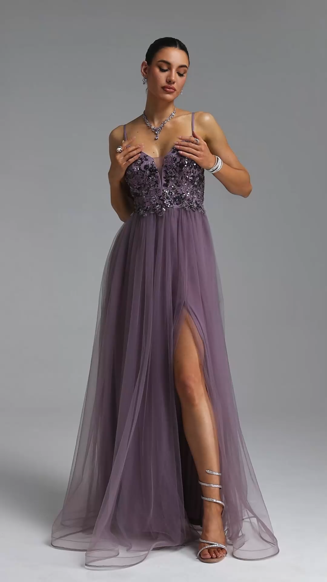 Giela Elegant Slim Deep V Sequin Sheer Mesh Maxi Evening Dress