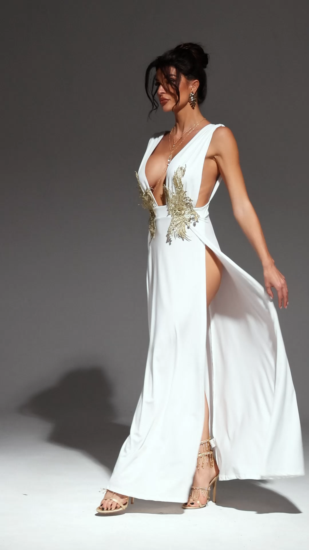 Tada Deep-V Flowers High Slit Maxi Dress