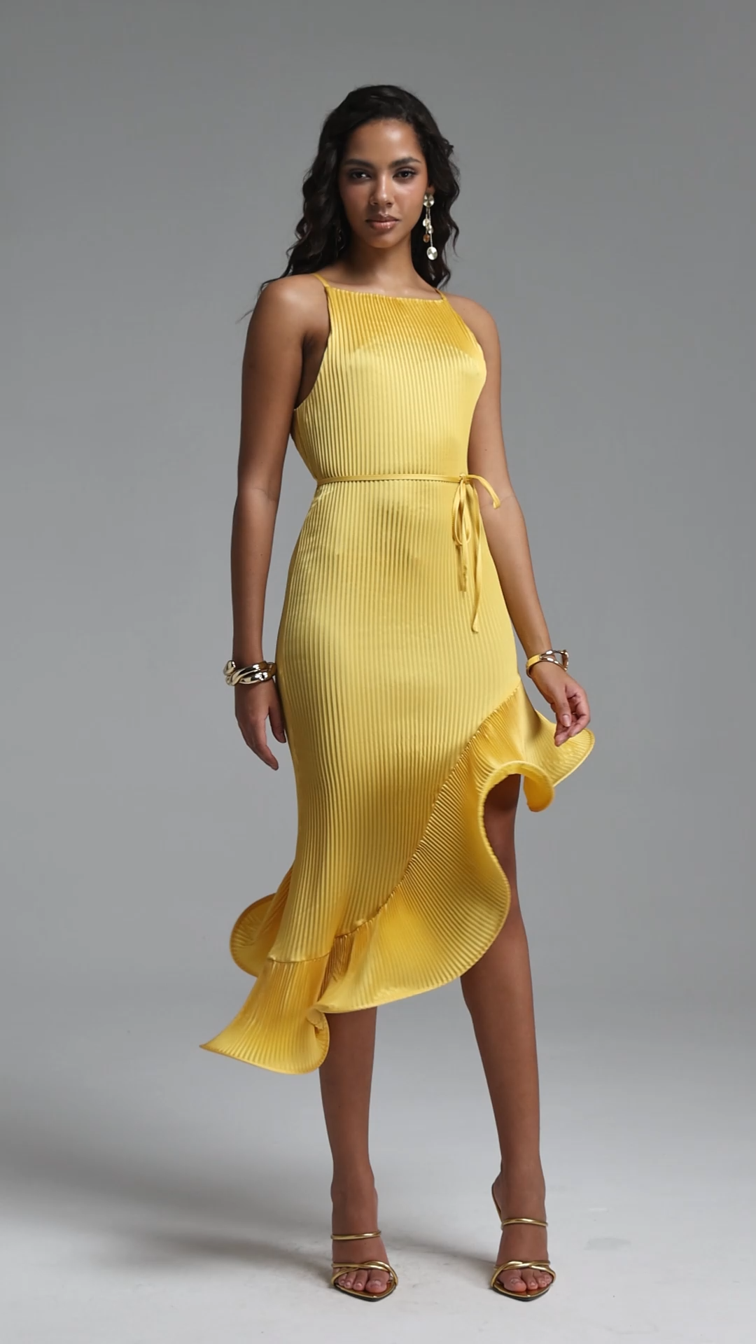 Rerily Resort Flowy Sleeveless Asymmetric Ruffle Pleated Woven Midi Dress