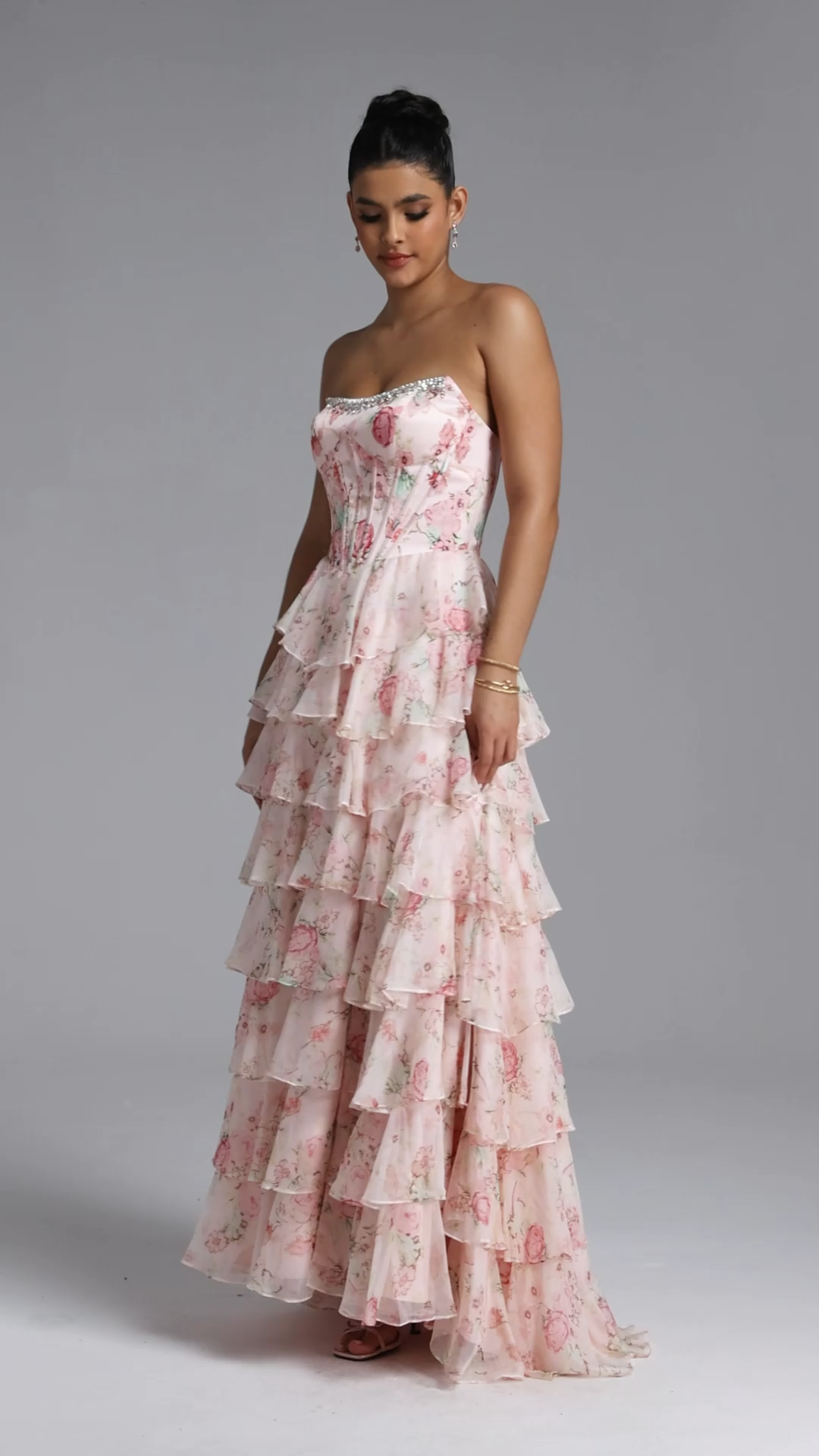 Namia Romantic Tailored Strapless Rhinestone Ruffle Floral Print Maxi Dress