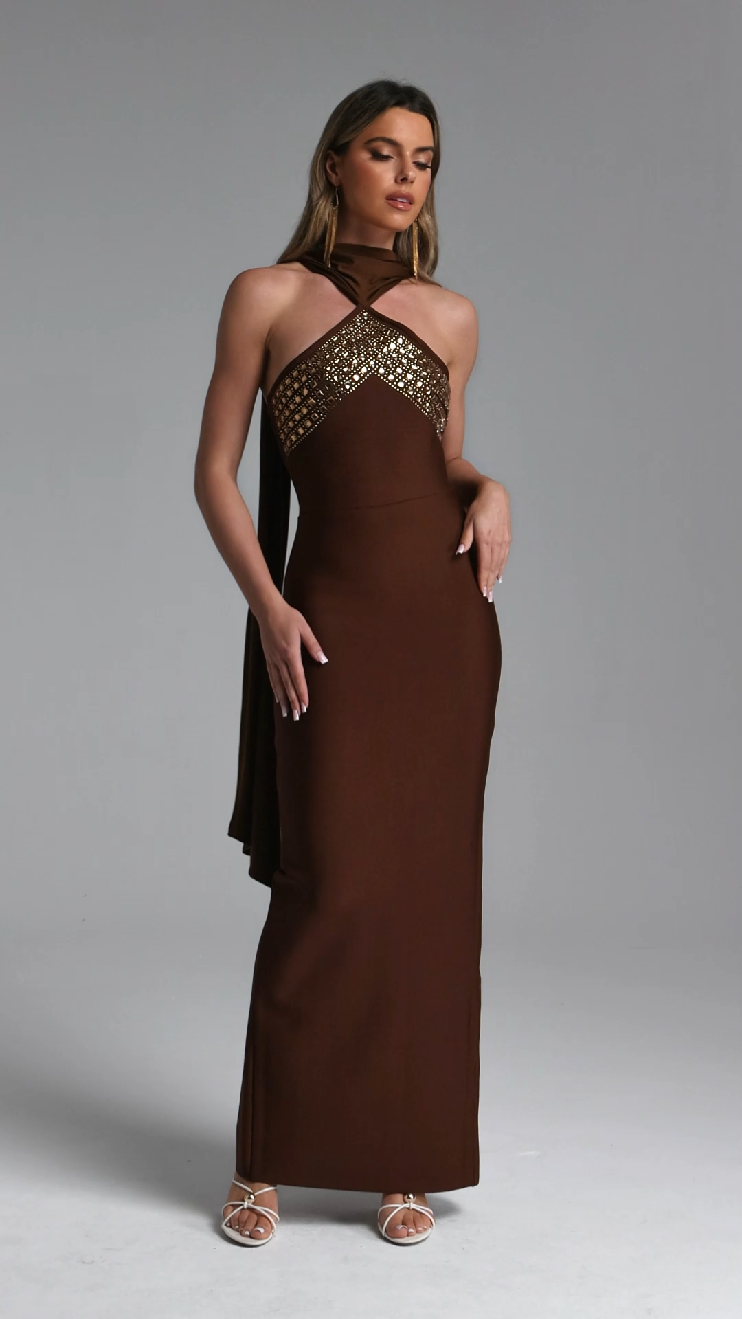 Ginny Elegant Contour Scarf Rhinestone Bandage Maxi Dress