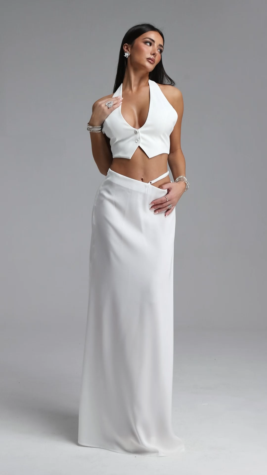 Matne Elegant Tailored Sleeveless Cut Out Woven Top and Skirt Two Piece Set