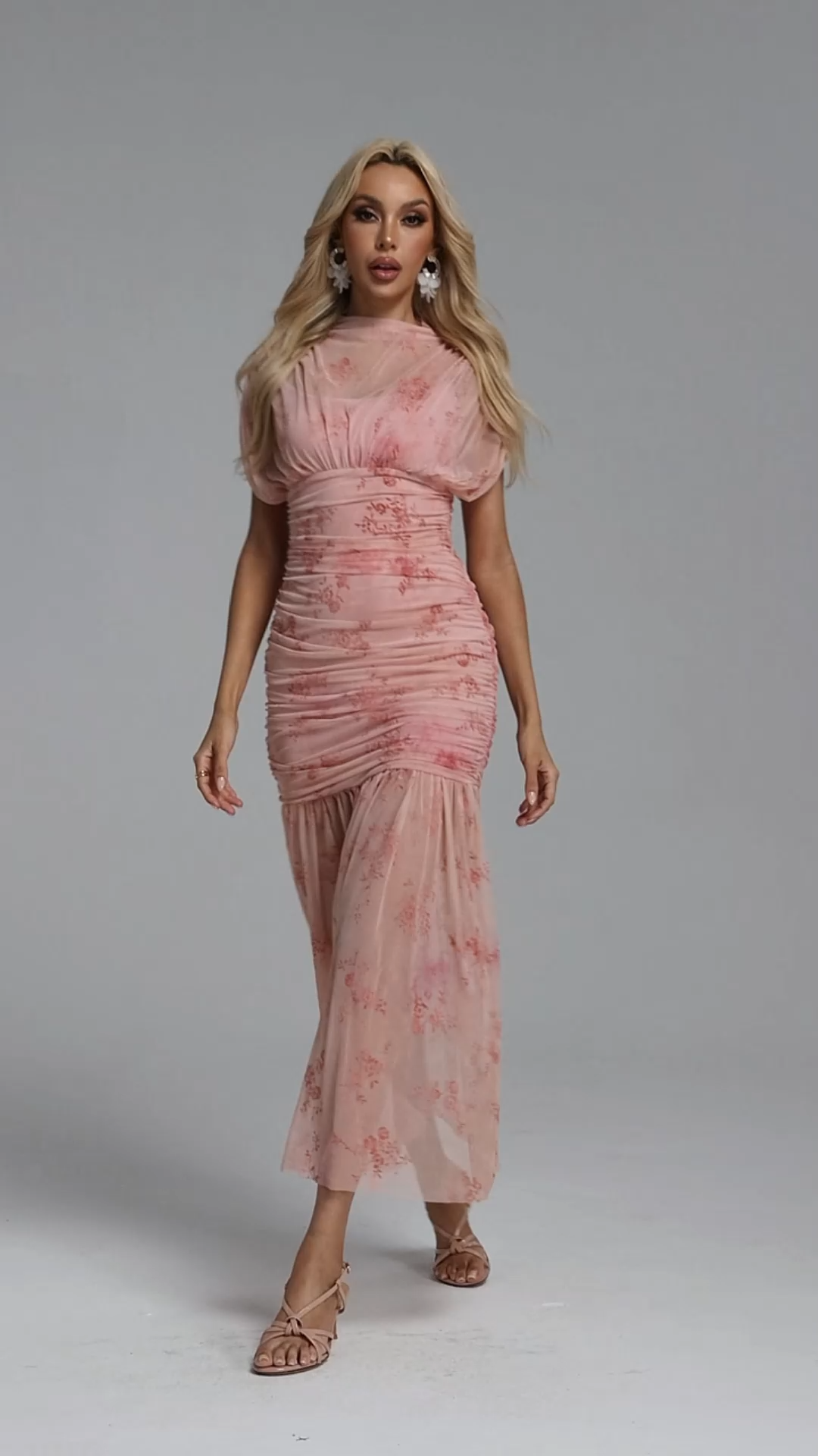 Vocca Romantic Contour Ruched Floral Print Sheer Pink Maxi Dress