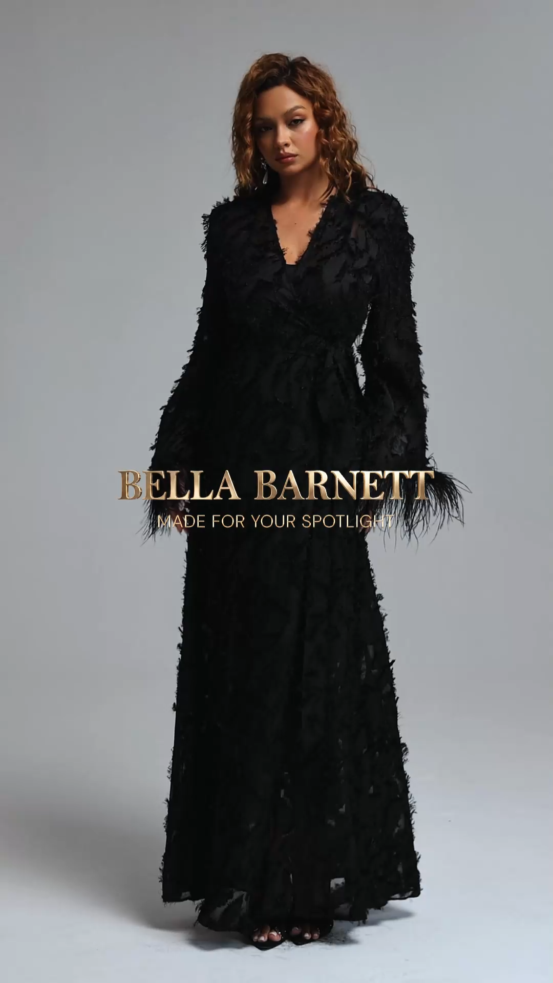 Kijin Vintage Flowy V Neck Long Sleeve Faux Feather‑Trimmed Side Floral Woven Black Maxi Dress