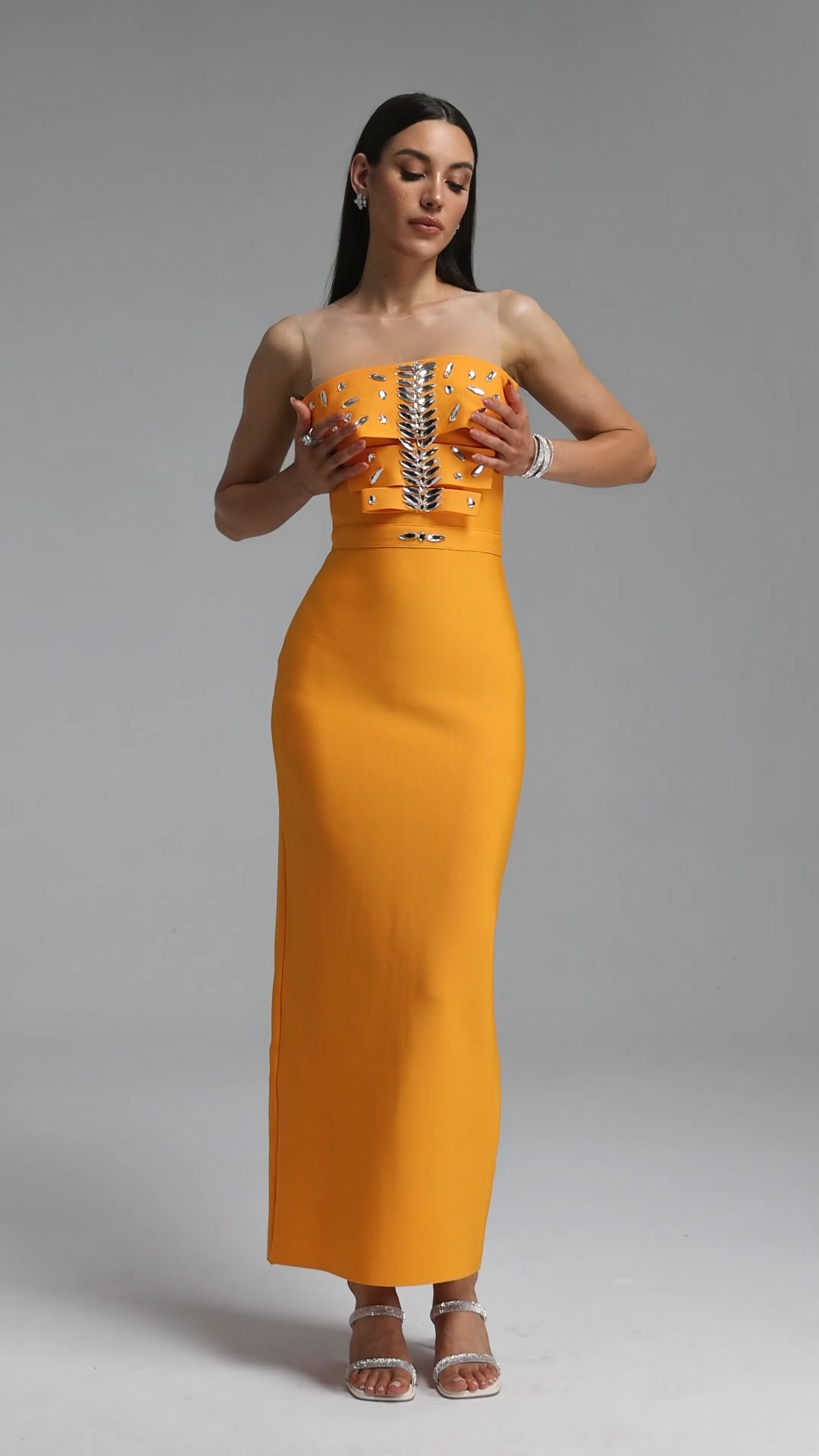 Daphne Sexy Strapless Double Layer Rhinestone Bandage Maxi Dress