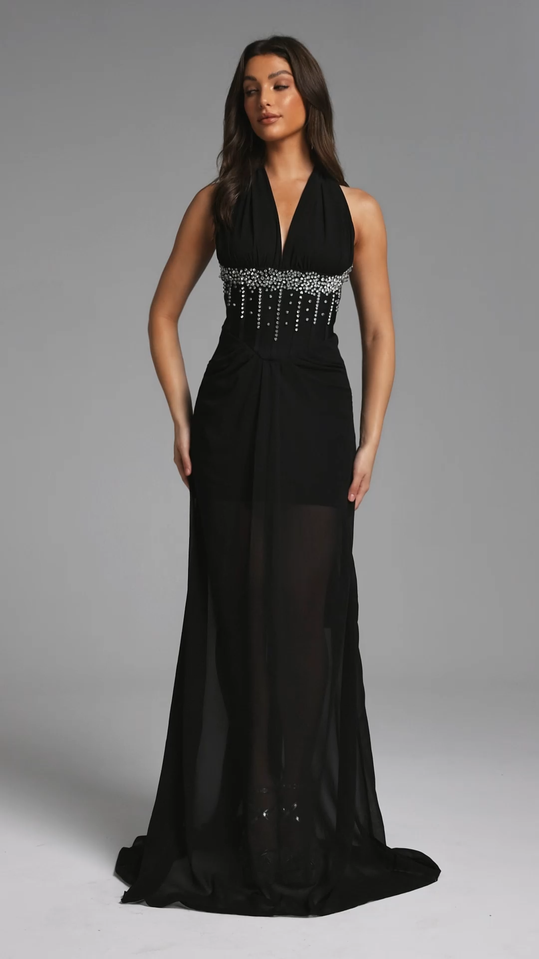 Pelze Chic Contour V Neck Rhinestone Pleated Chiffon Maxi Dress