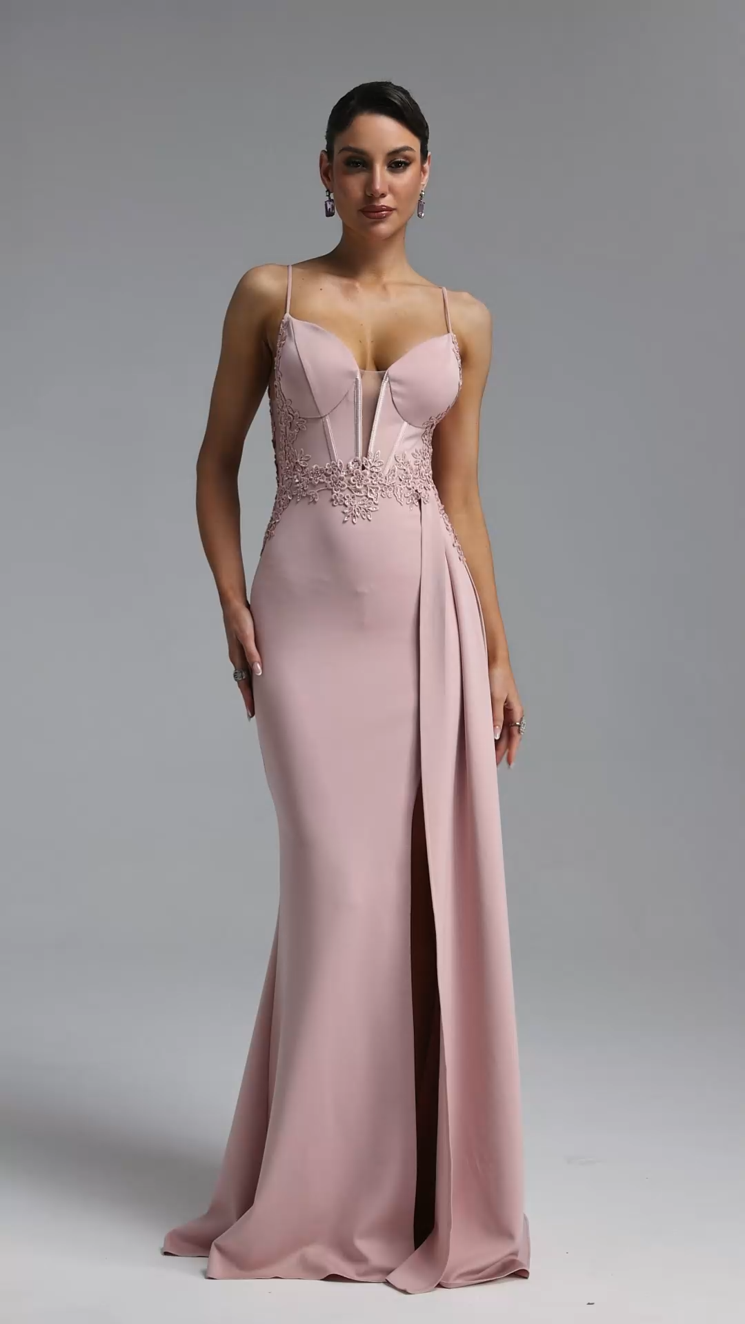 Henlina Romantic Spaghetti Strap Floral Embroidery Slit Lace Mermaid Pink Maxi Dress