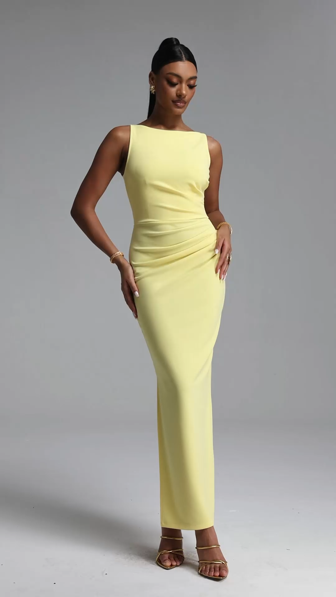 Whitley Elegant Sophisticated Sleeveless Boat Neck Ruched Mermaid Maxi Dress