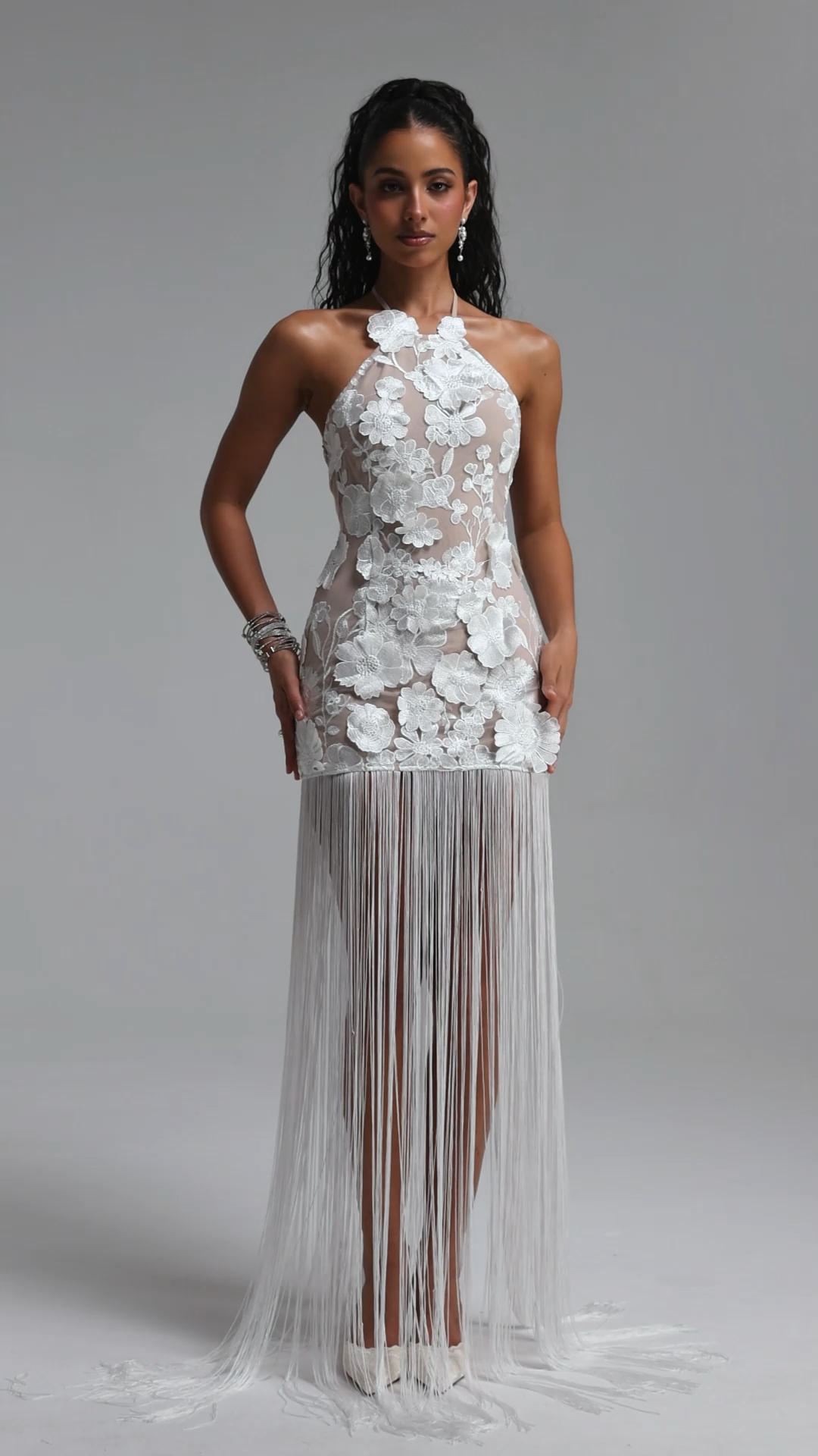 Lori Elegant Contour Halter Floral Tassel Woven Maxi Dress