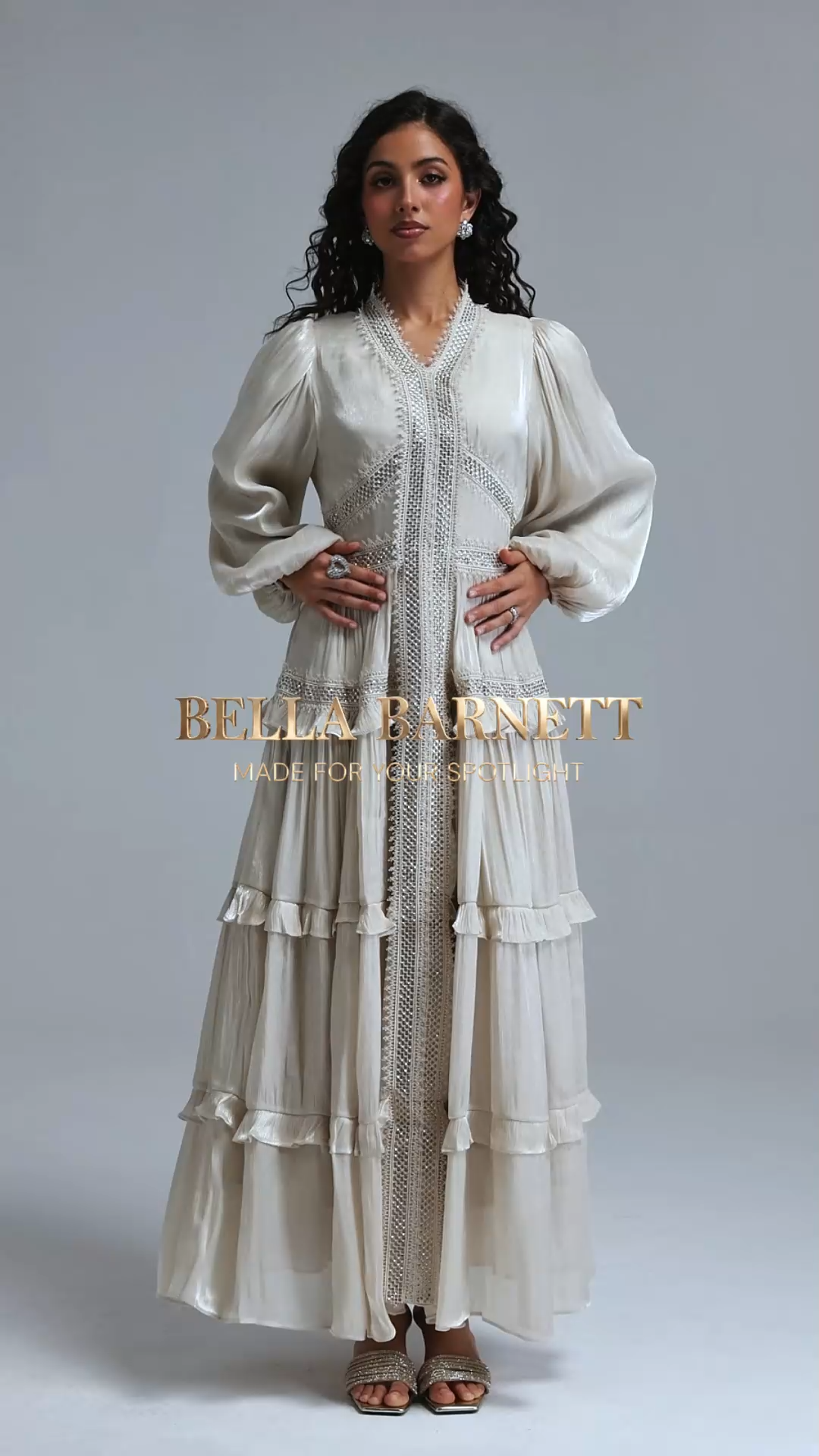 Ruthie Vintage Flowy Long Sleeve Ruffle Shimmer Satin Maxi Dress