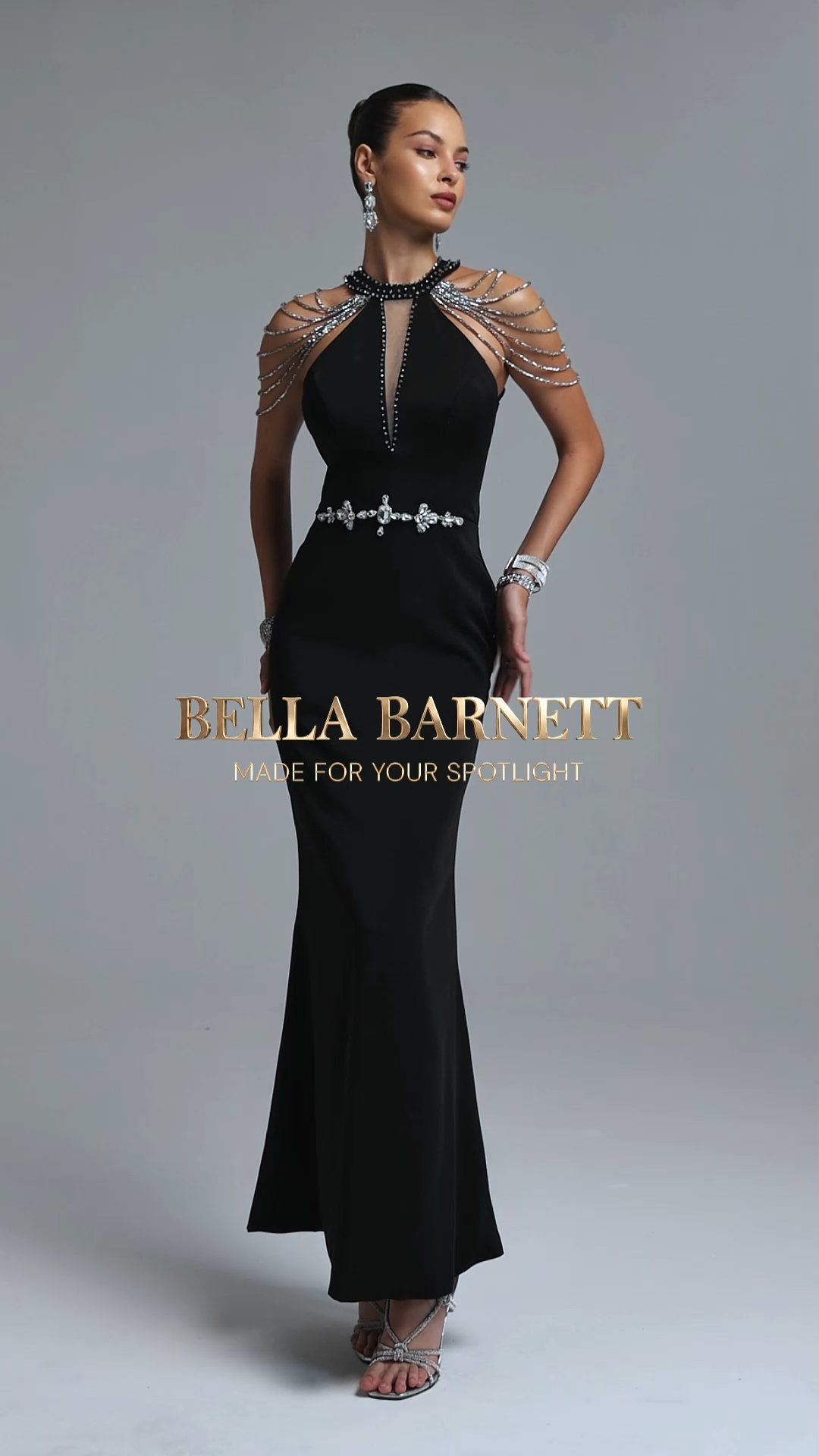Jaxon Elegant Contour Halter Rhinestone Chain Maxi Dress