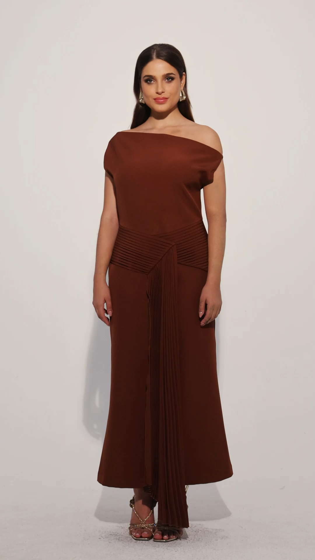 Paulina Oblique Shoulder Sleeveless Folds Brown Midi Dress