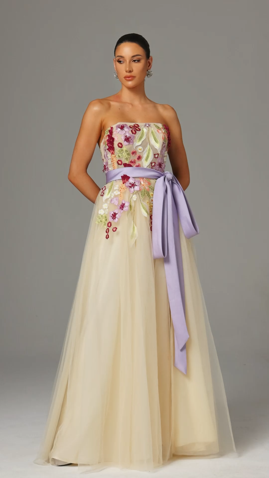 Rikiny Strapless Floral Embroidered High Slit Maxi Dress