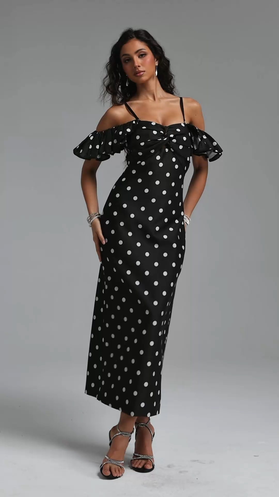 Gilian Classic Tailored Off Shoulder Ruffle Polka Dot Woven Maxi Dress
