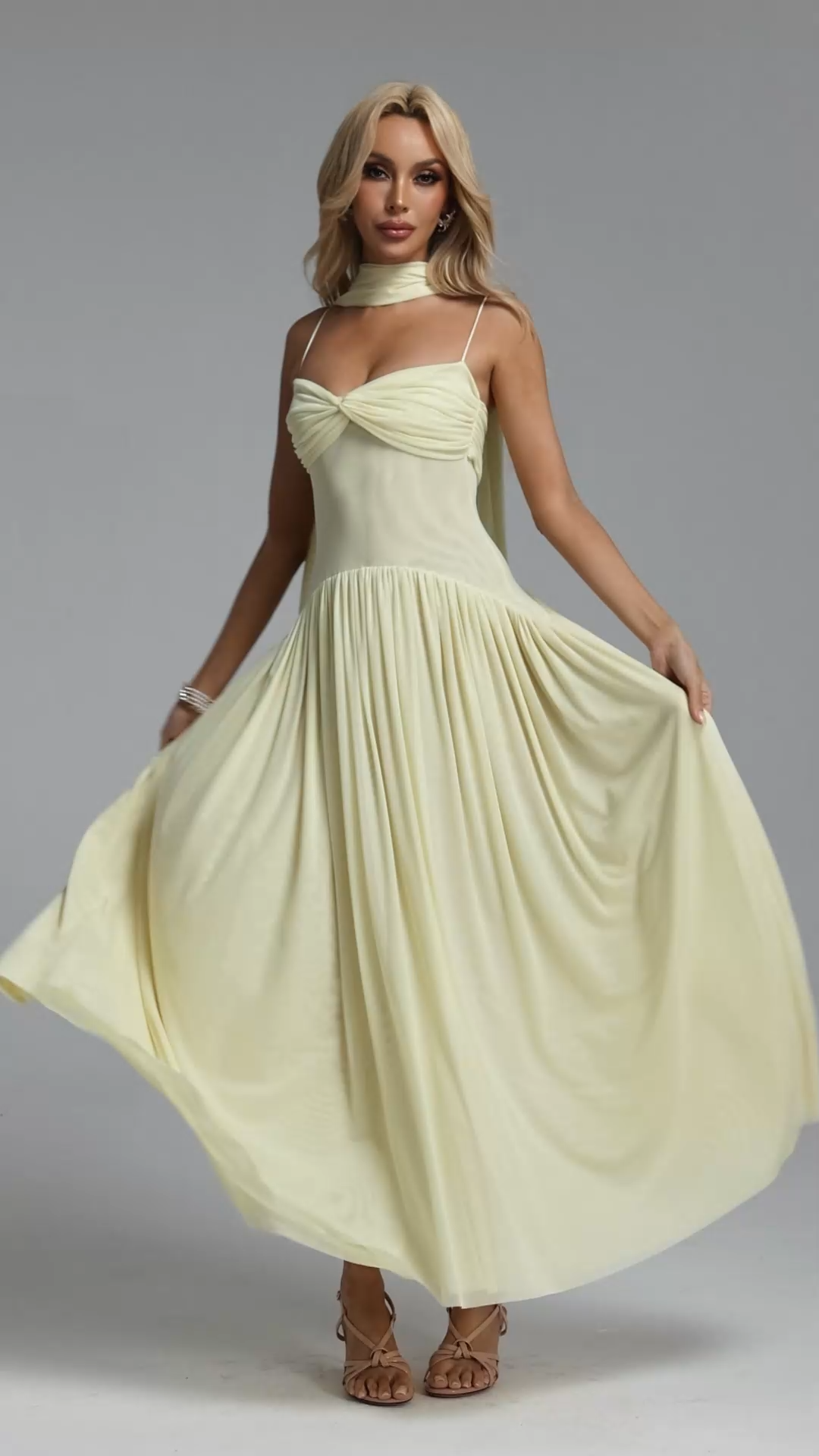 Matalin Classic Contour Ruched Mesh Yellow Maxi Dress
