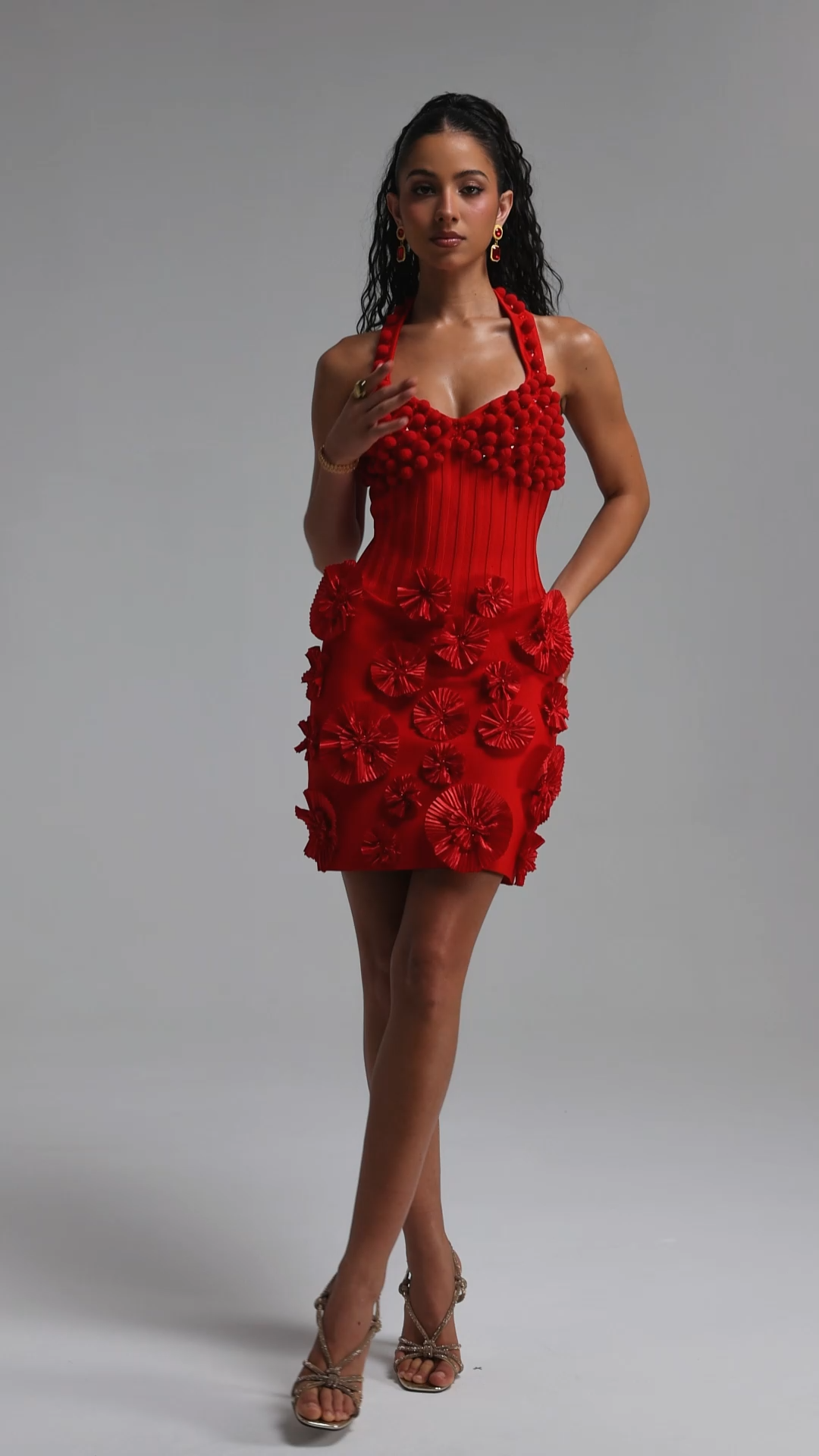 Delilah Sophisticated Cinched Waist Halter Floral Ball Trim Bandage Mini Dress