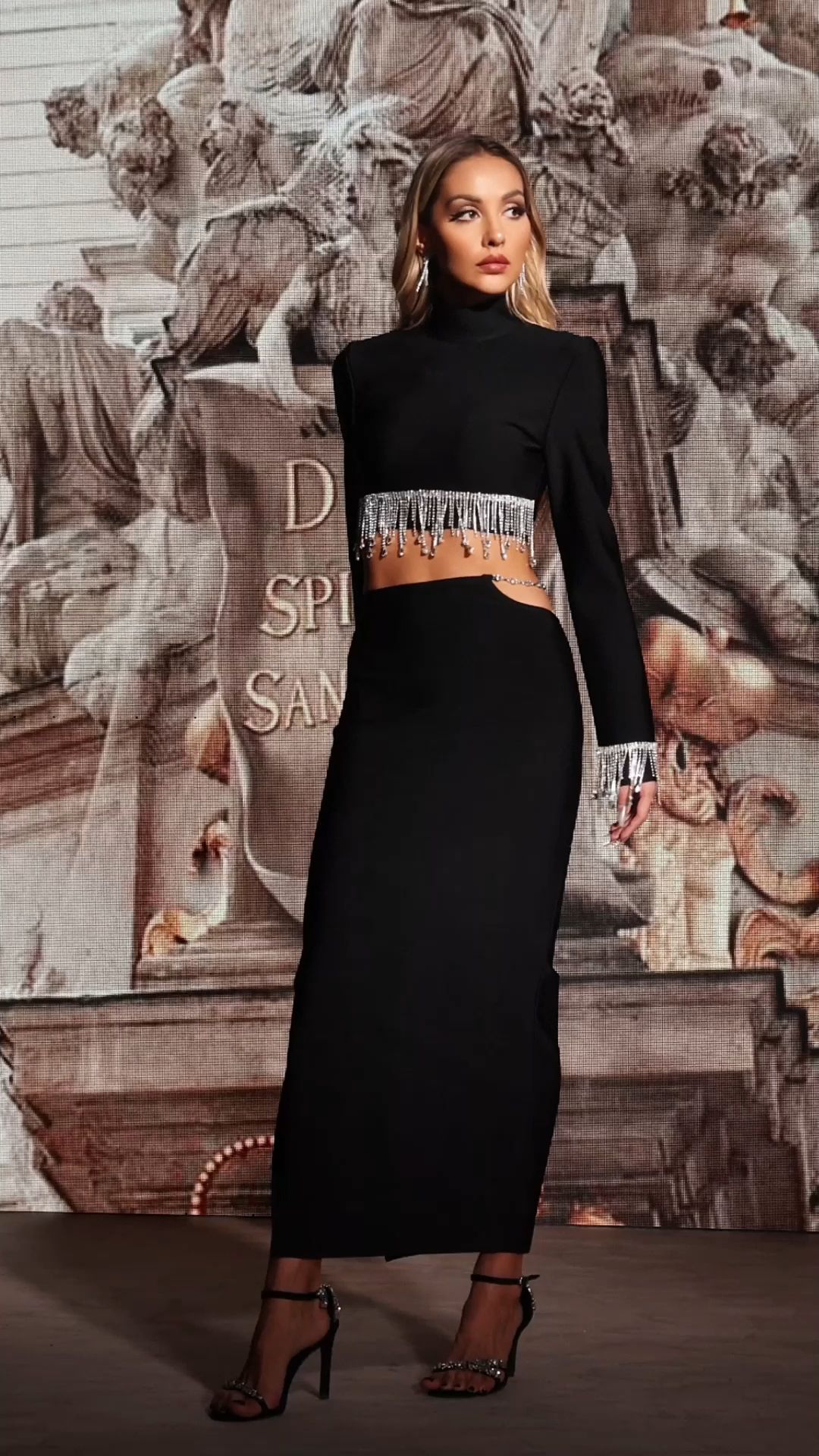 Labiny Long Sleeve Choker Tassel Bandage Maxi Two-Piece Set