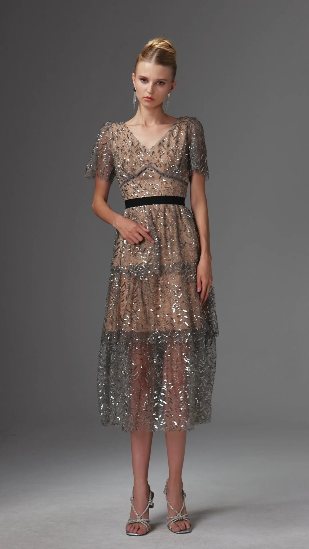 Hazel Elegant Embellished V Neck Sequin Maxi Dress