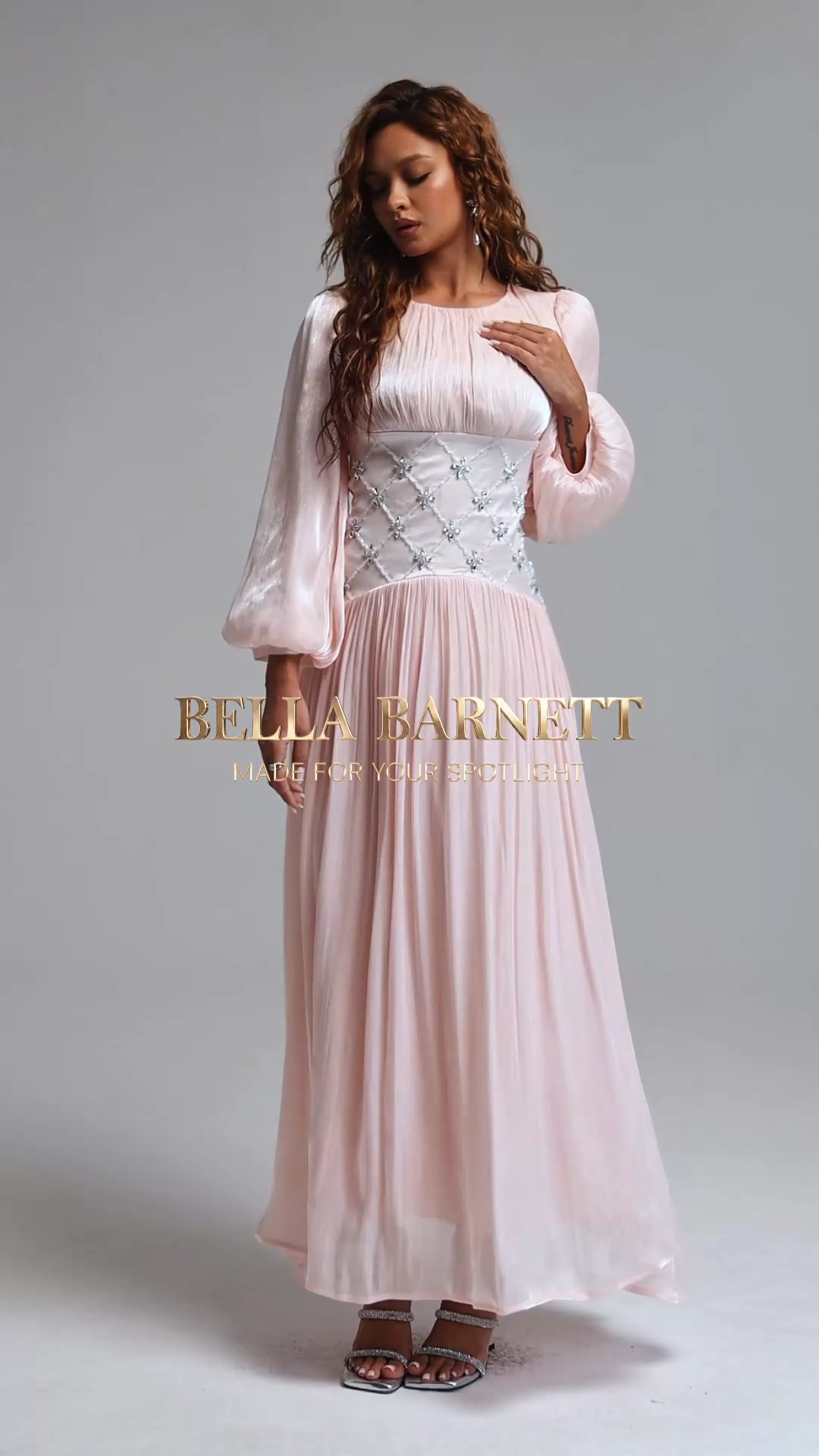 Kasey Romantic Flowy Round Neck Long Sleeve Rhinestone Pleated Shimmer Satin Maxi Dress