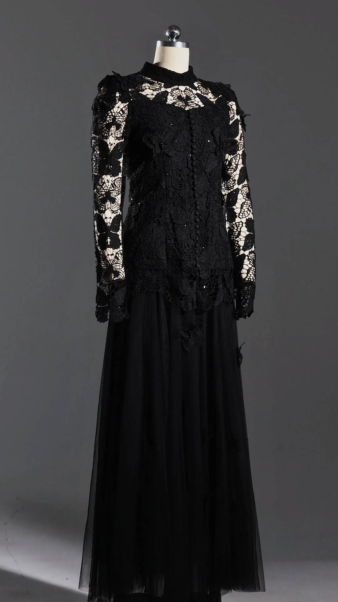 Okama Long Sleeve Folds Lace Butterfly Top And Skirt Two-Piece Set