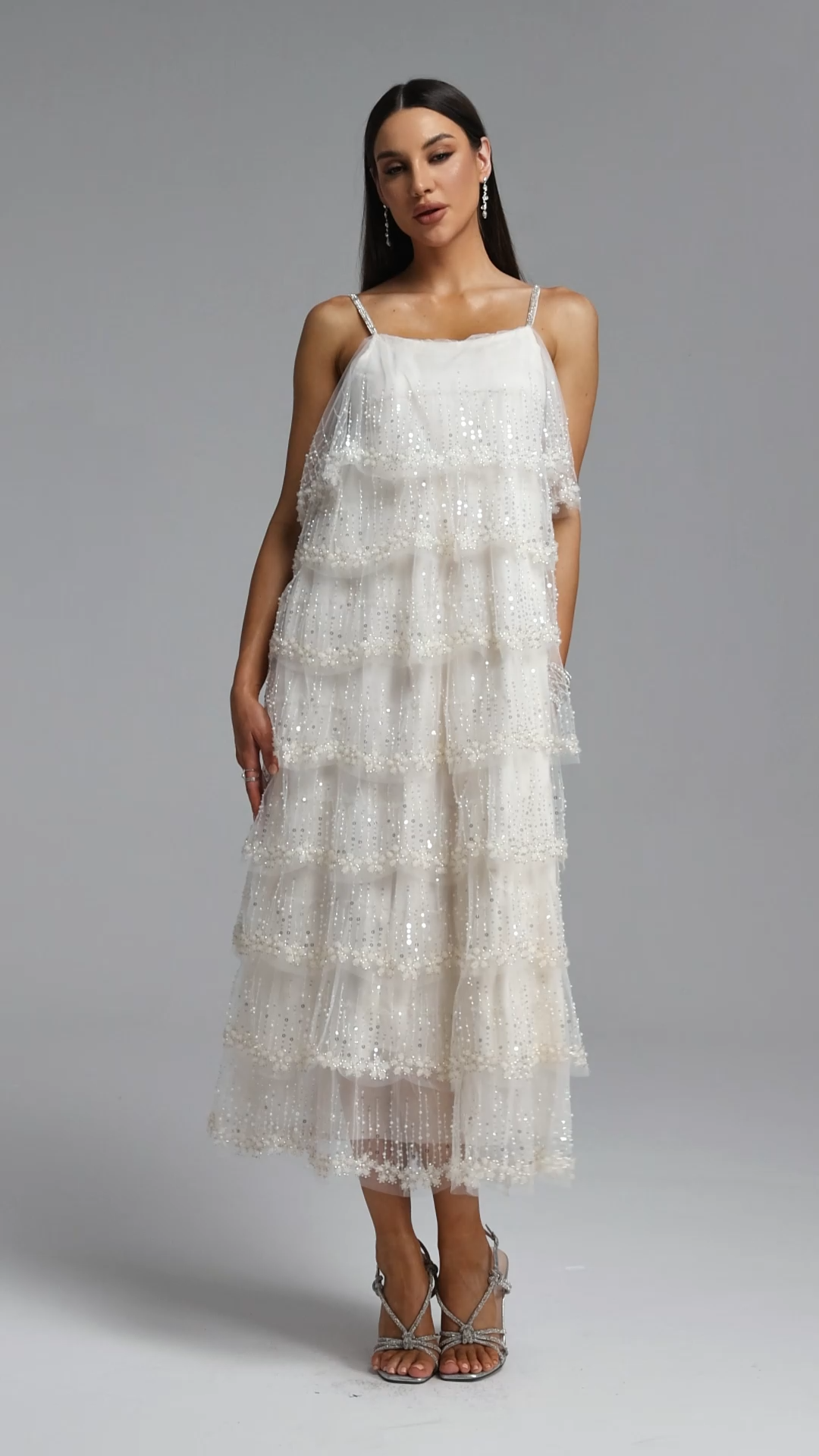 Makala Elegant Flowy Tiered Ruffle Sequin Maxi Dress