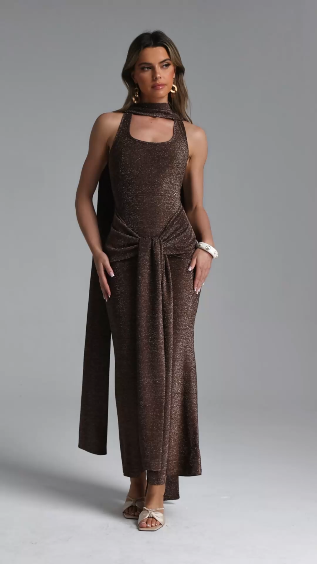 Kalene Chic Contour Halter Scarf Wrap Knit Maxi Dress