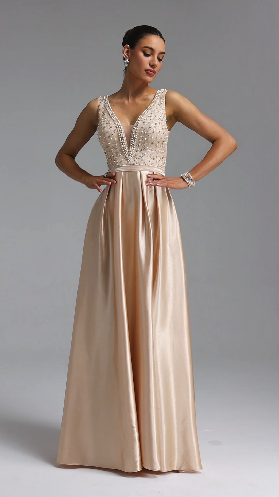 Lape Elegant Waist-Cinching Sleeveless Deep V Neck Rhinestone Beaded Satin A-Line Maxi Evening Dress
