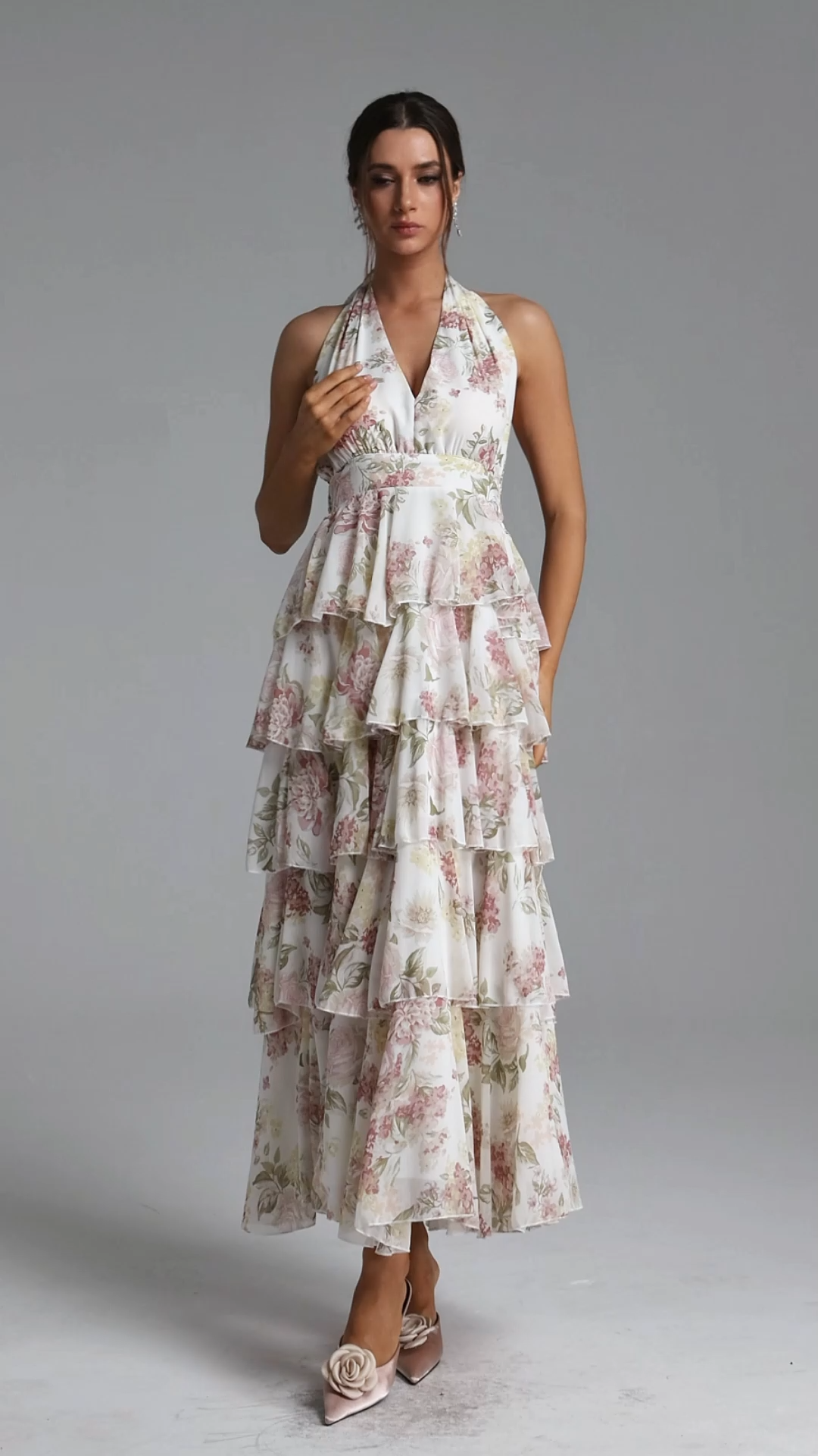 Silas Romantic Flowy Halter Deep V Tiered Ruffle Floral Print Maxi Dress