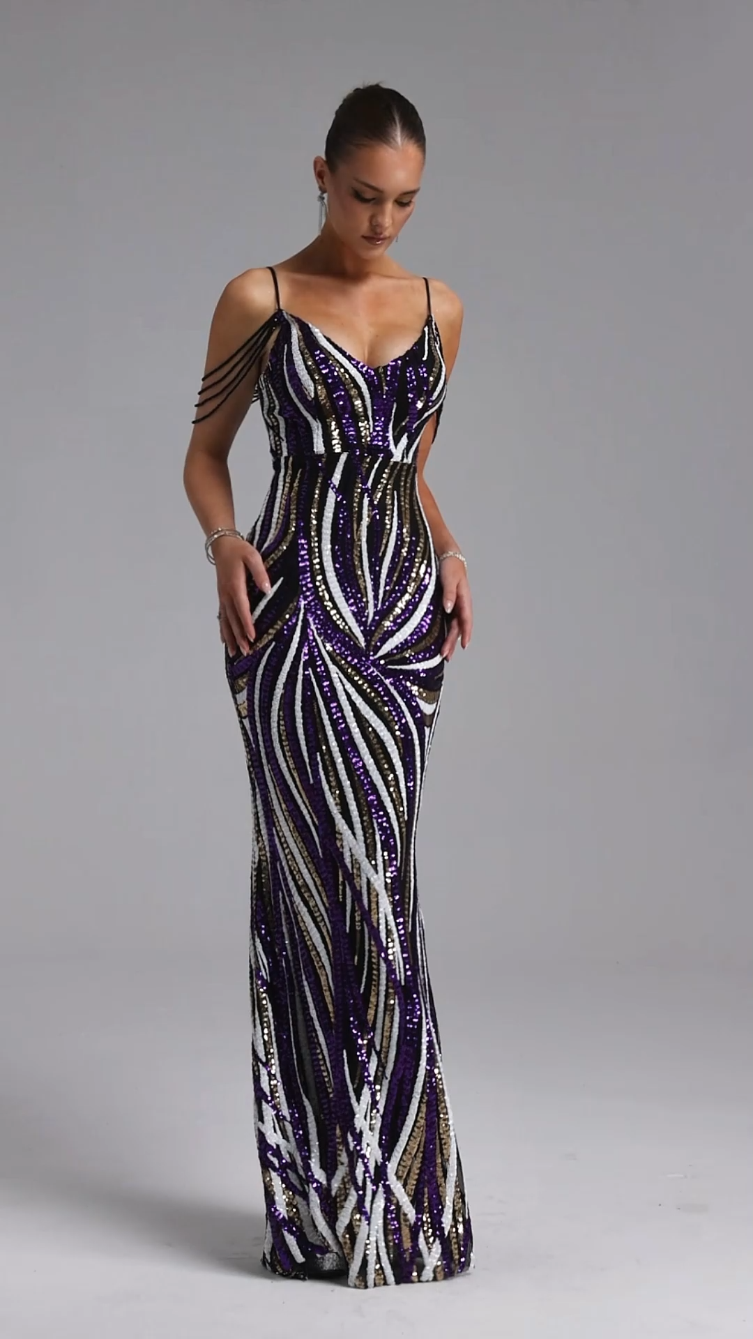 Gemma Chic Contour V Neck Sequin Stripe Purple Maxi Dress