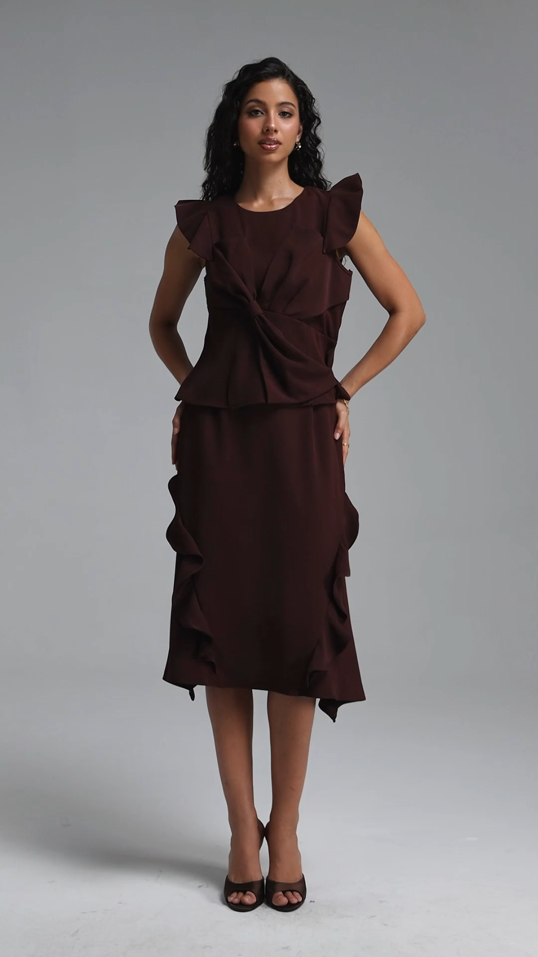 Denali Classic tailored Sleeveless Bow Ruffle Woven Top And Skirt Two Piece Set